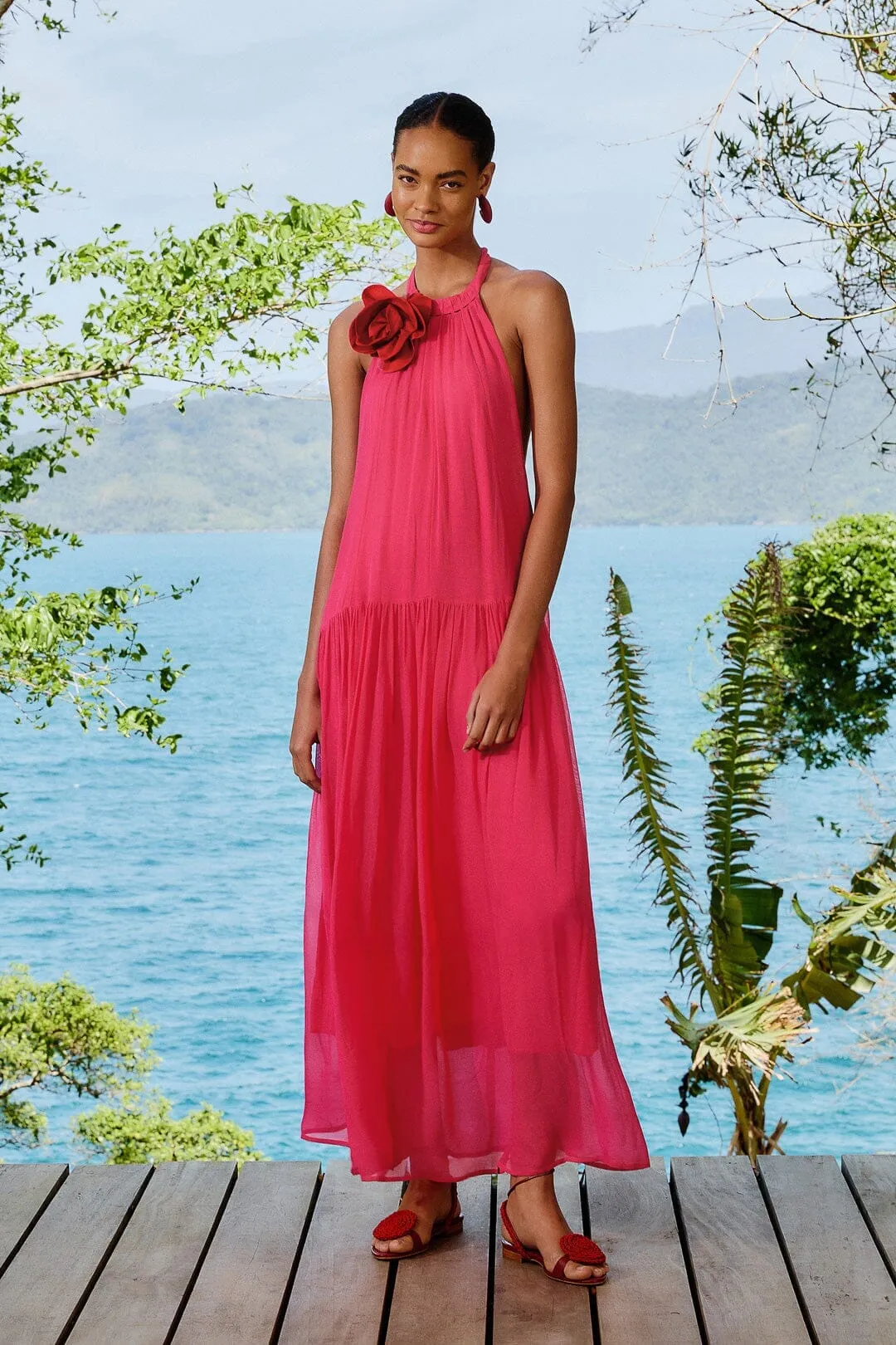 Pink Flower Halter Neck Maxi Dress Poplin Smooth Weekend Escape