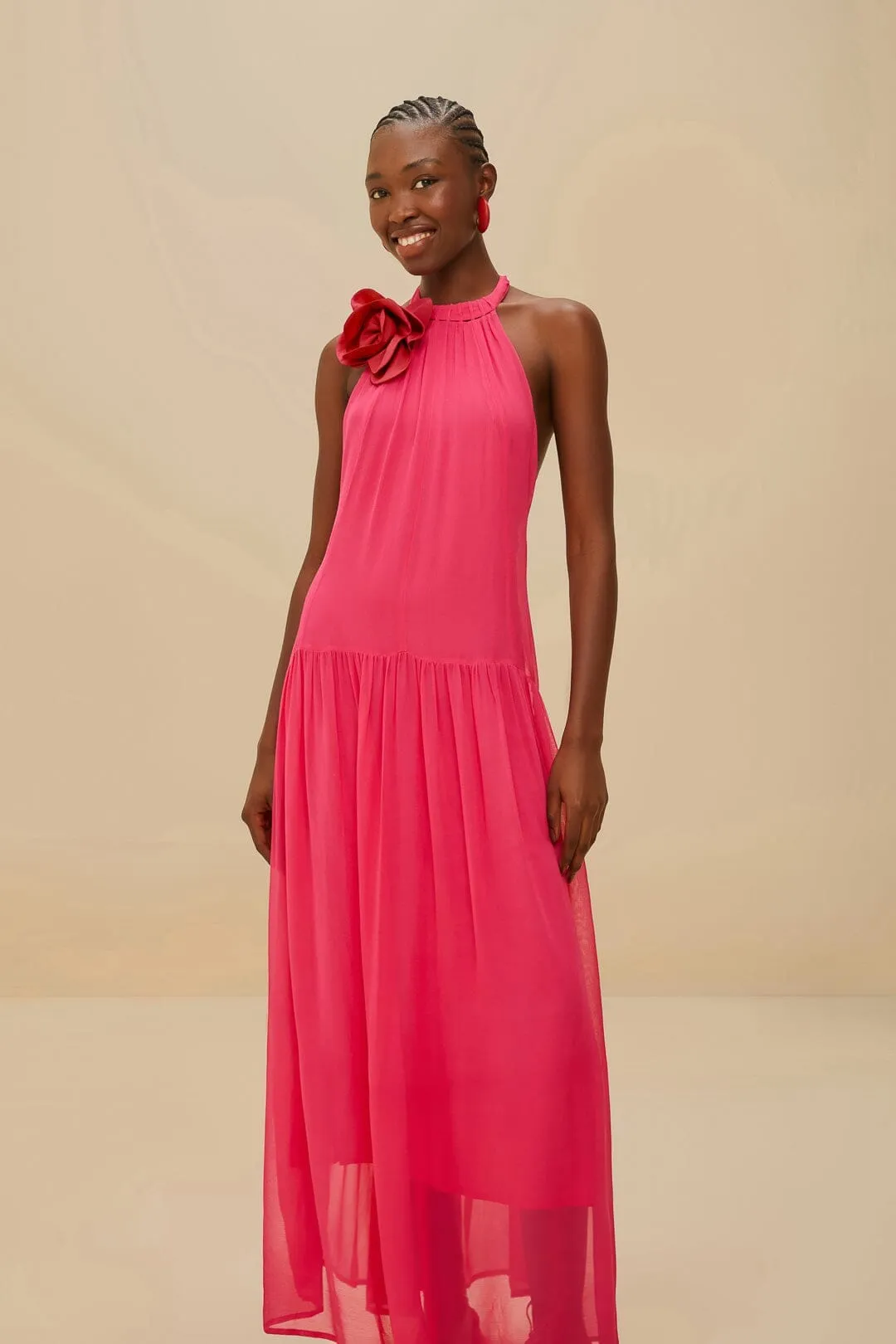 Steel Glow Village Path Pink Flower Halter Neck Maxi Dress