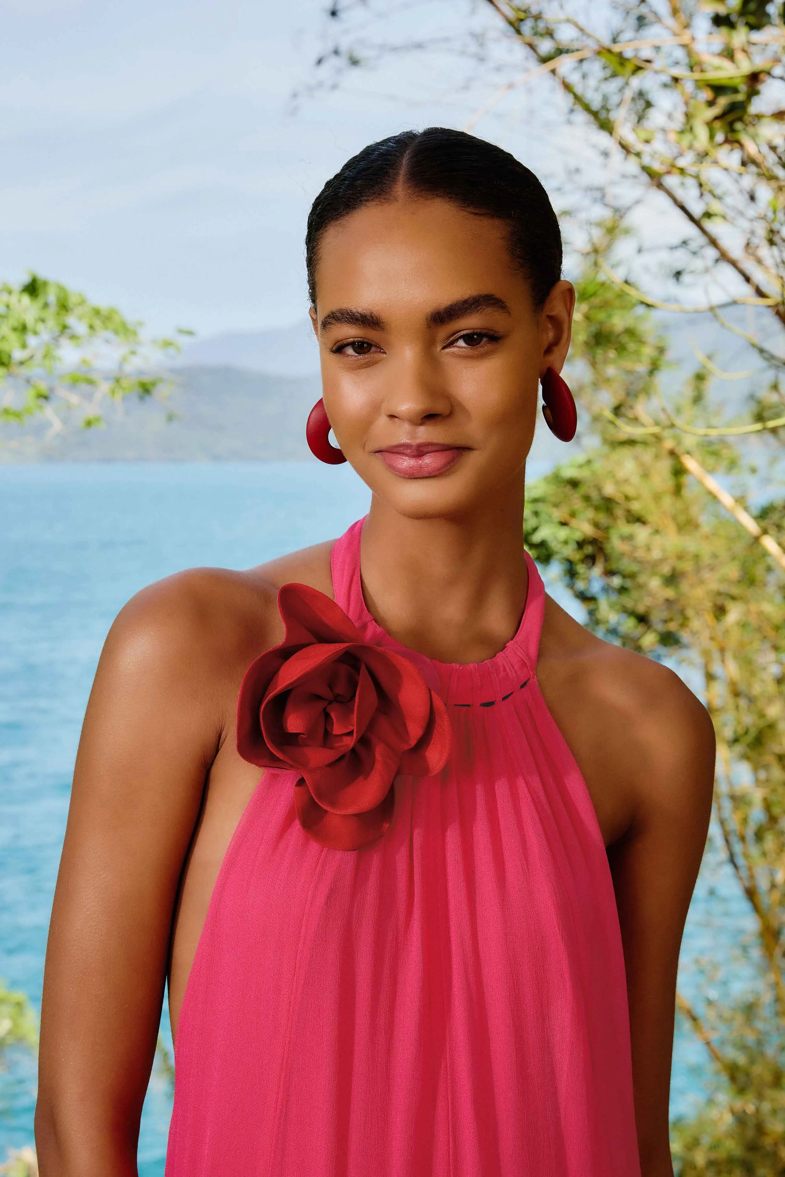Pink Flower Halter Neck Maxi Dress Wave Crest Straight Line