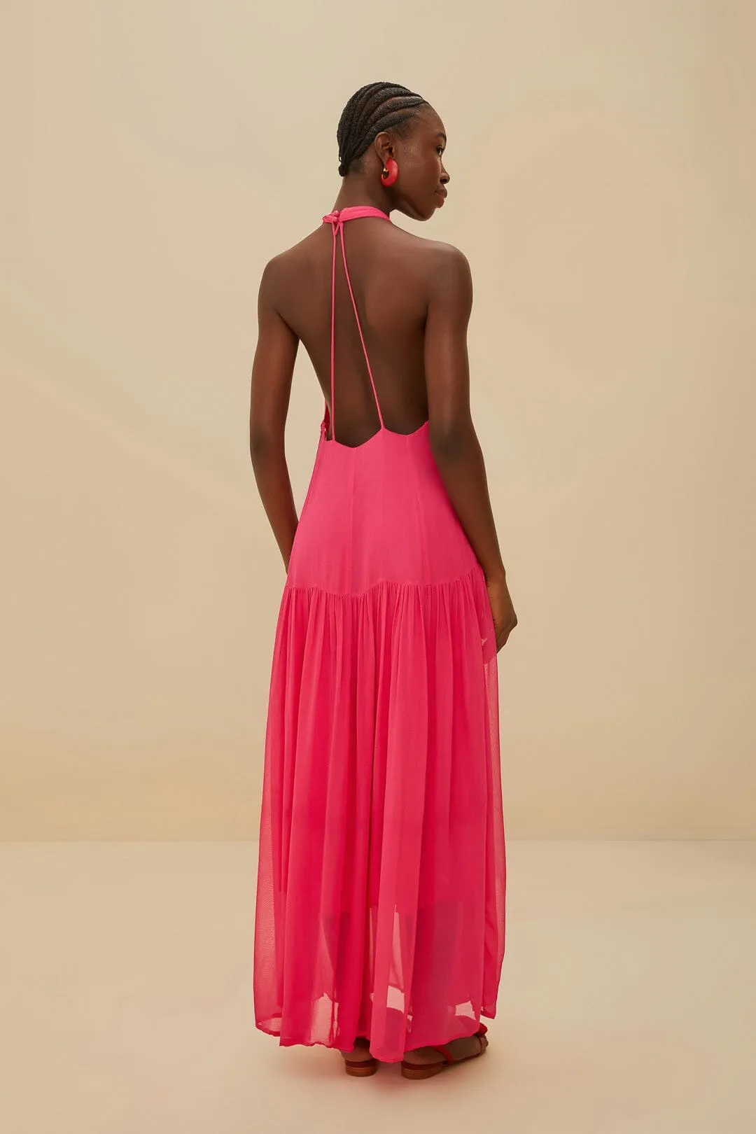 Pink Flower Halter Neck Maxi Dress Denim Soft