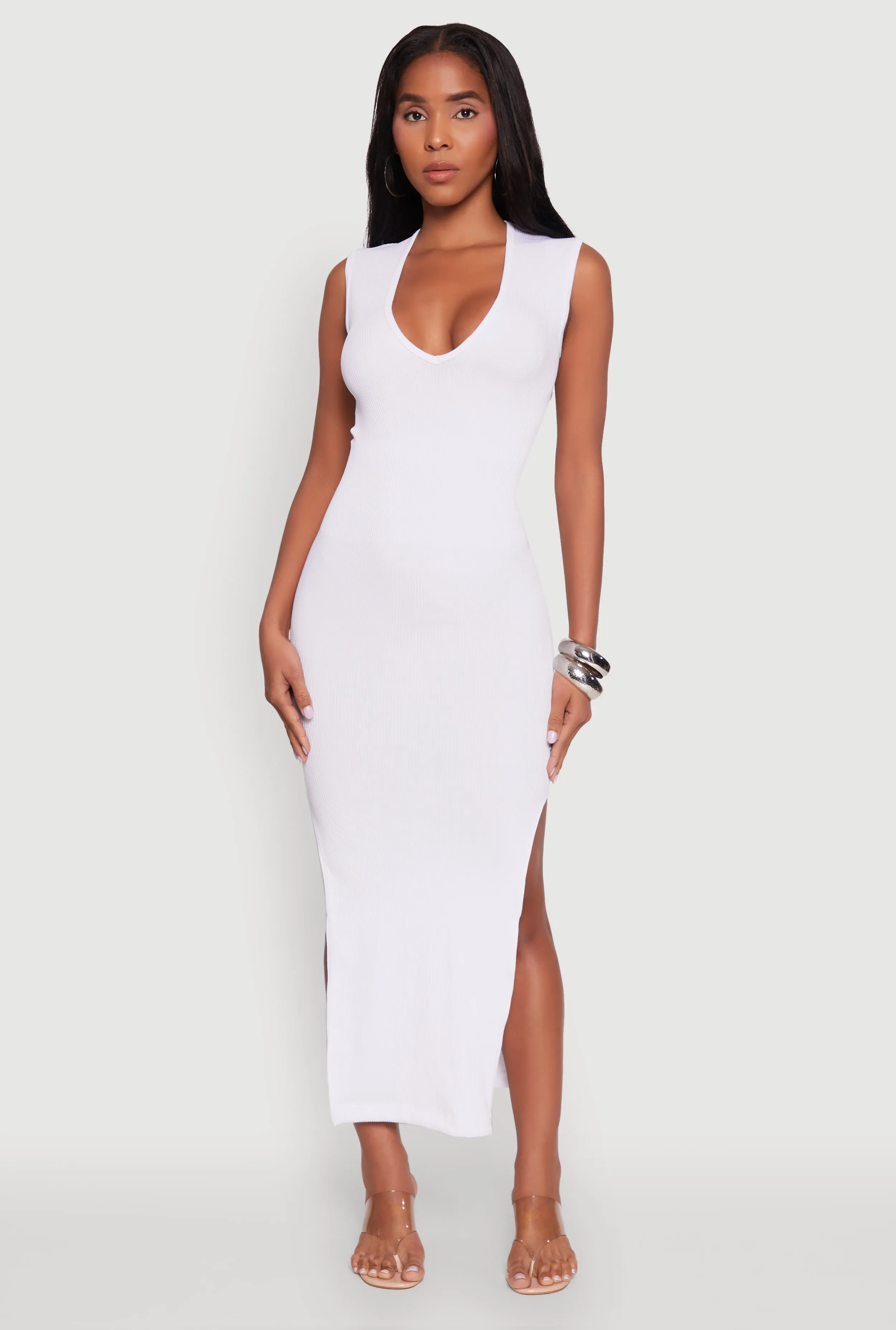 Trendy Rib Knit Plunge Neck Side Slit Maxi Dress Botanic Scene Designed with a simple yet elegant cut this dress works for both casual and formal occasions