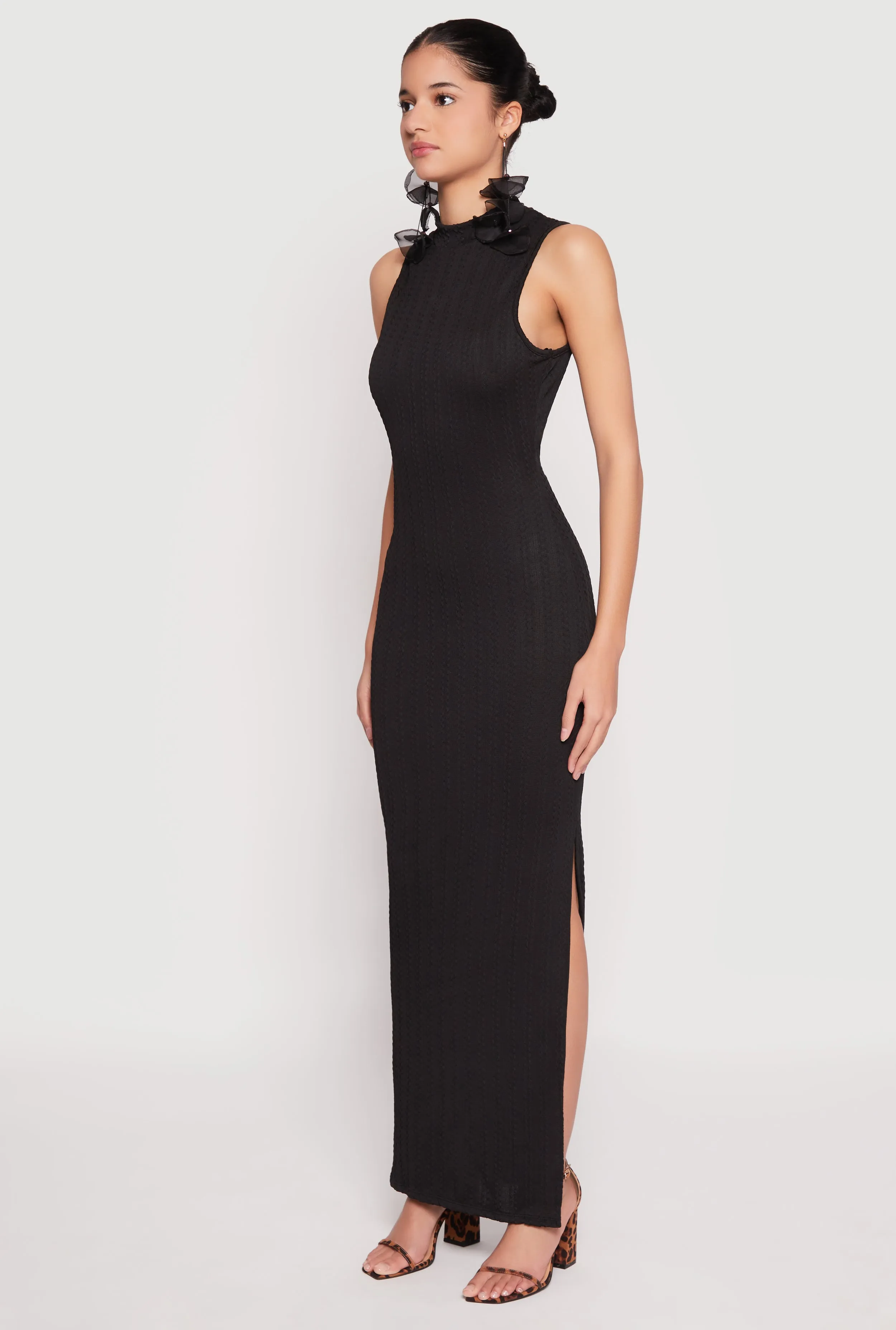 chiffon flow Textured Knit Turtleneck Maxi Dress