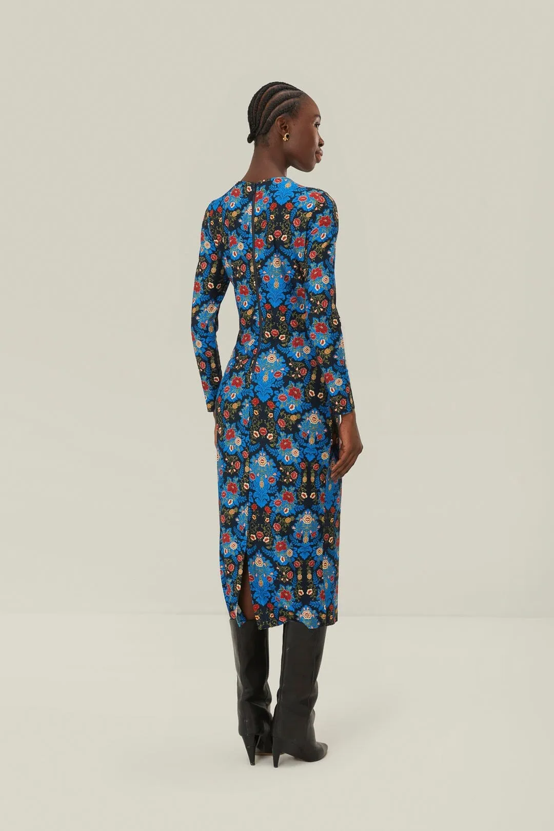 Blue Arabesque Floral Jersey LENZING? ECOVERO? Midi Dress Everyday midi for work Versatile Wardrobe