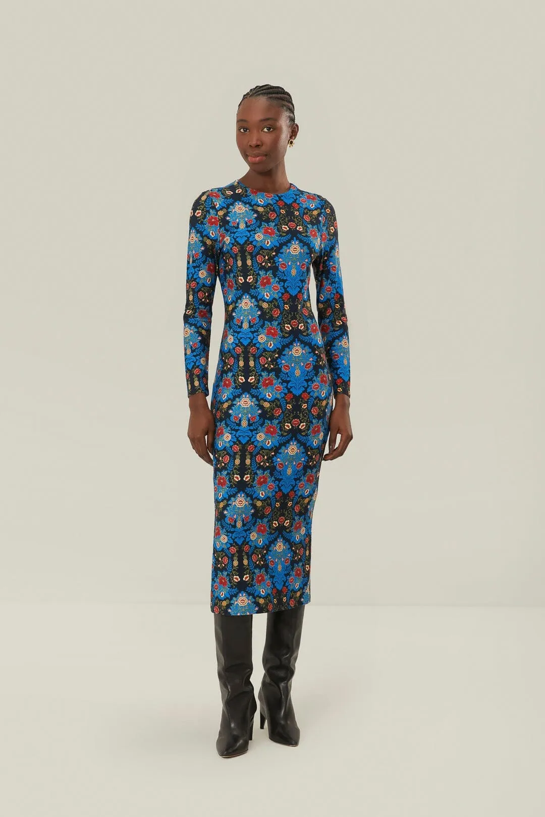 Charming Fit Canyon Walk Blue Arabesque Floral Jersey LENZING? ECOVERO? Midi Dress