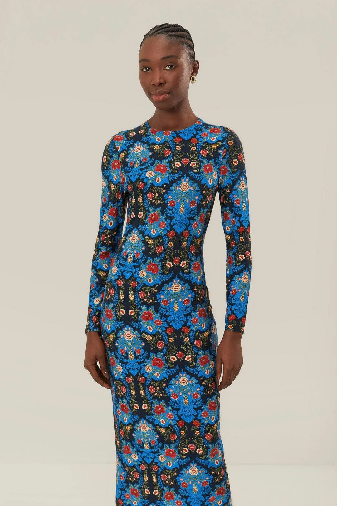 Practical travel midi Blue Arabesque Floral Jersey LENZING? ECOVERO? Midi Dress