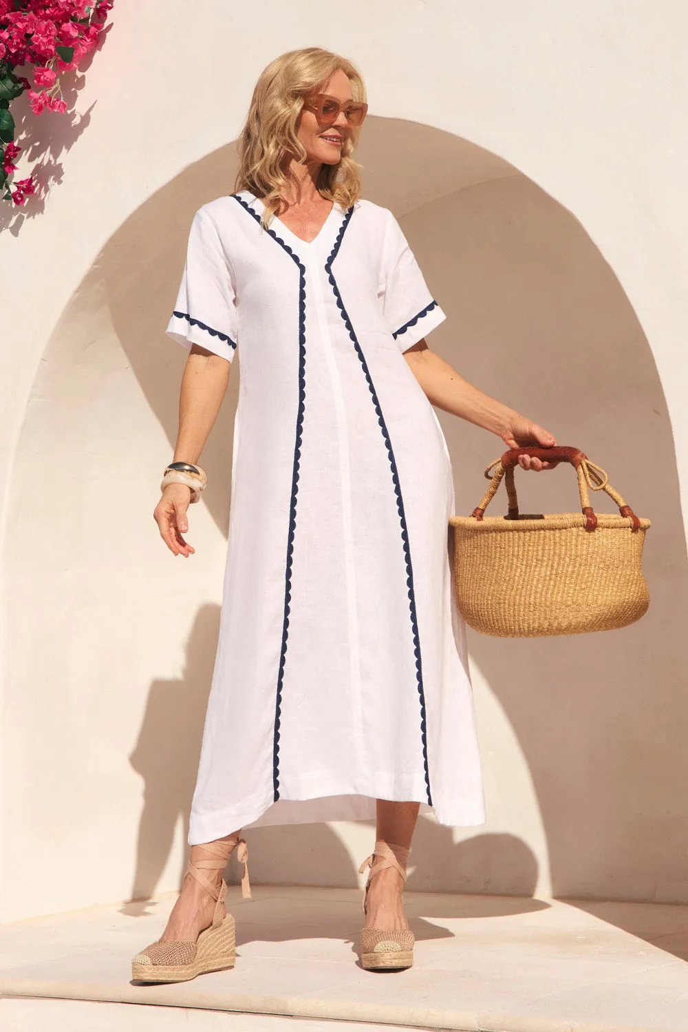 Tamara Linen V-Neck Dress in Seaside Heat Air
