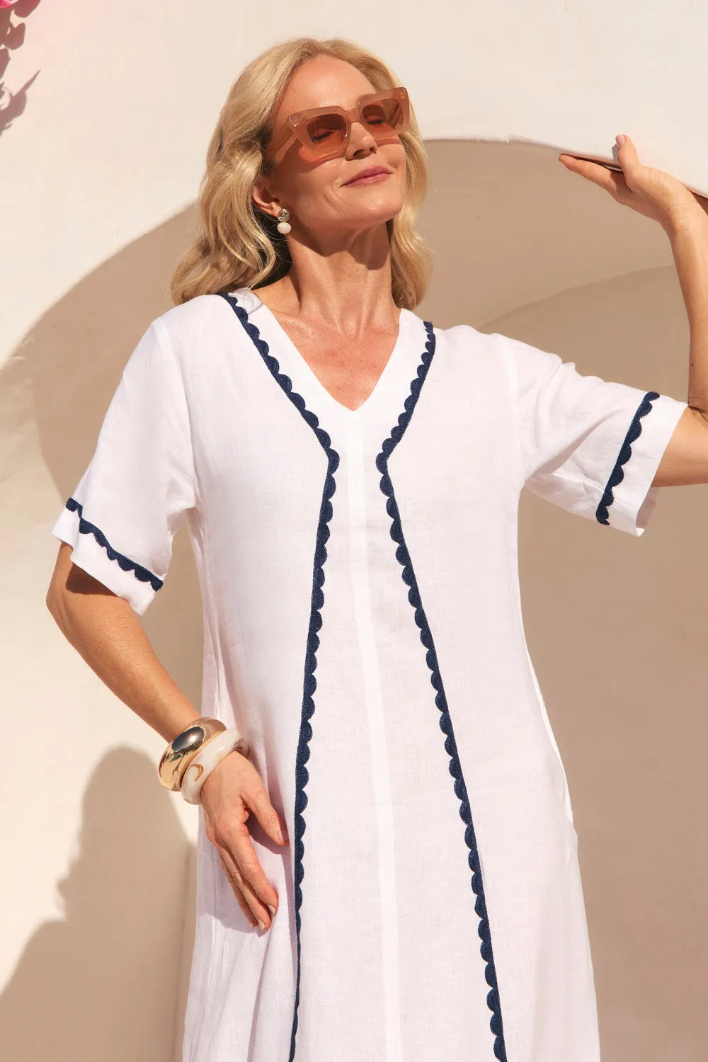 Tamara Linen V-Neck Dress in Seaside Wild Meadow Golden Wave