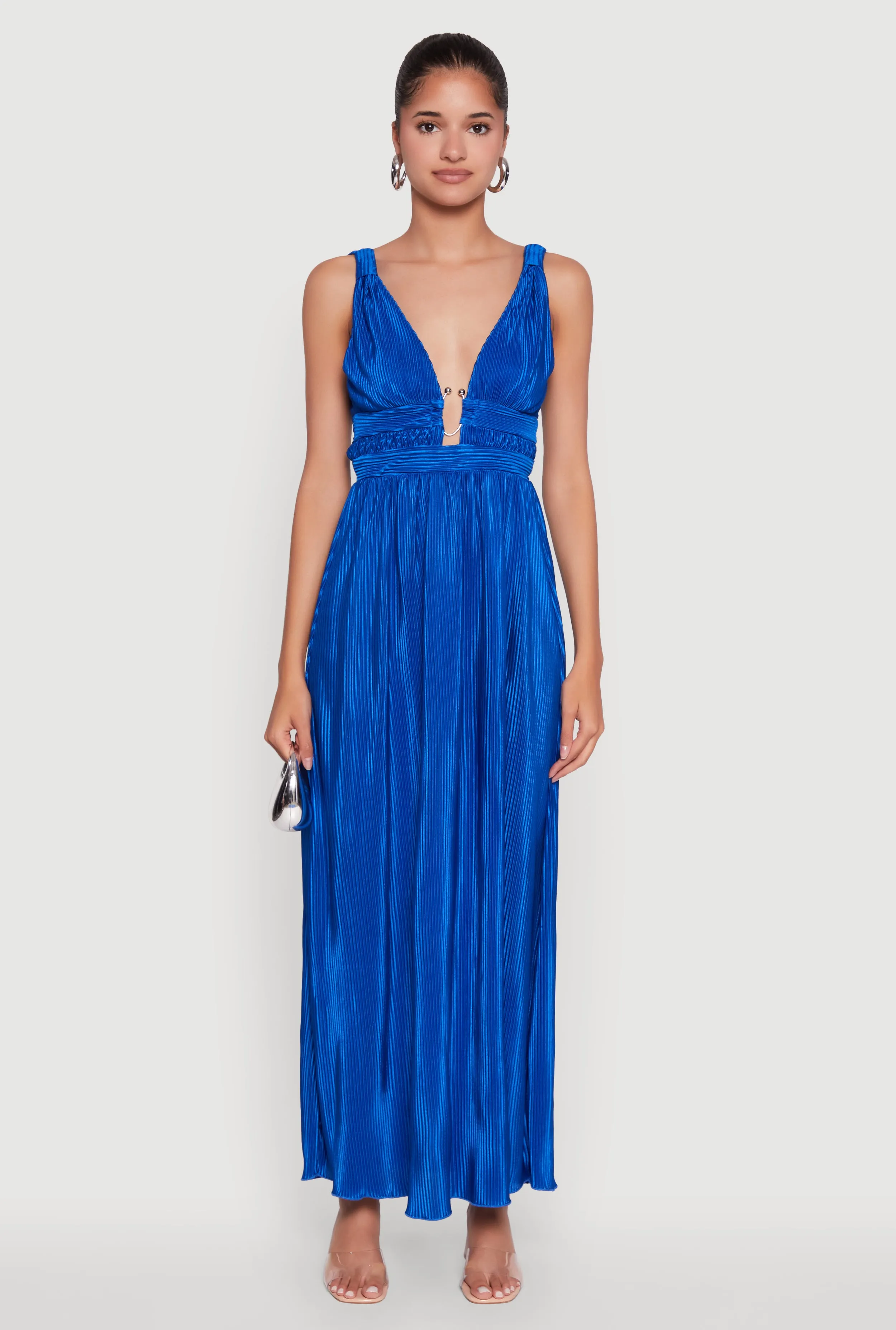 Elegant Sleeveless Plisse Empire Waist Dress Trendy evening gown for parties The soft fabric of this dress ensures all-day comfort without compromising on style