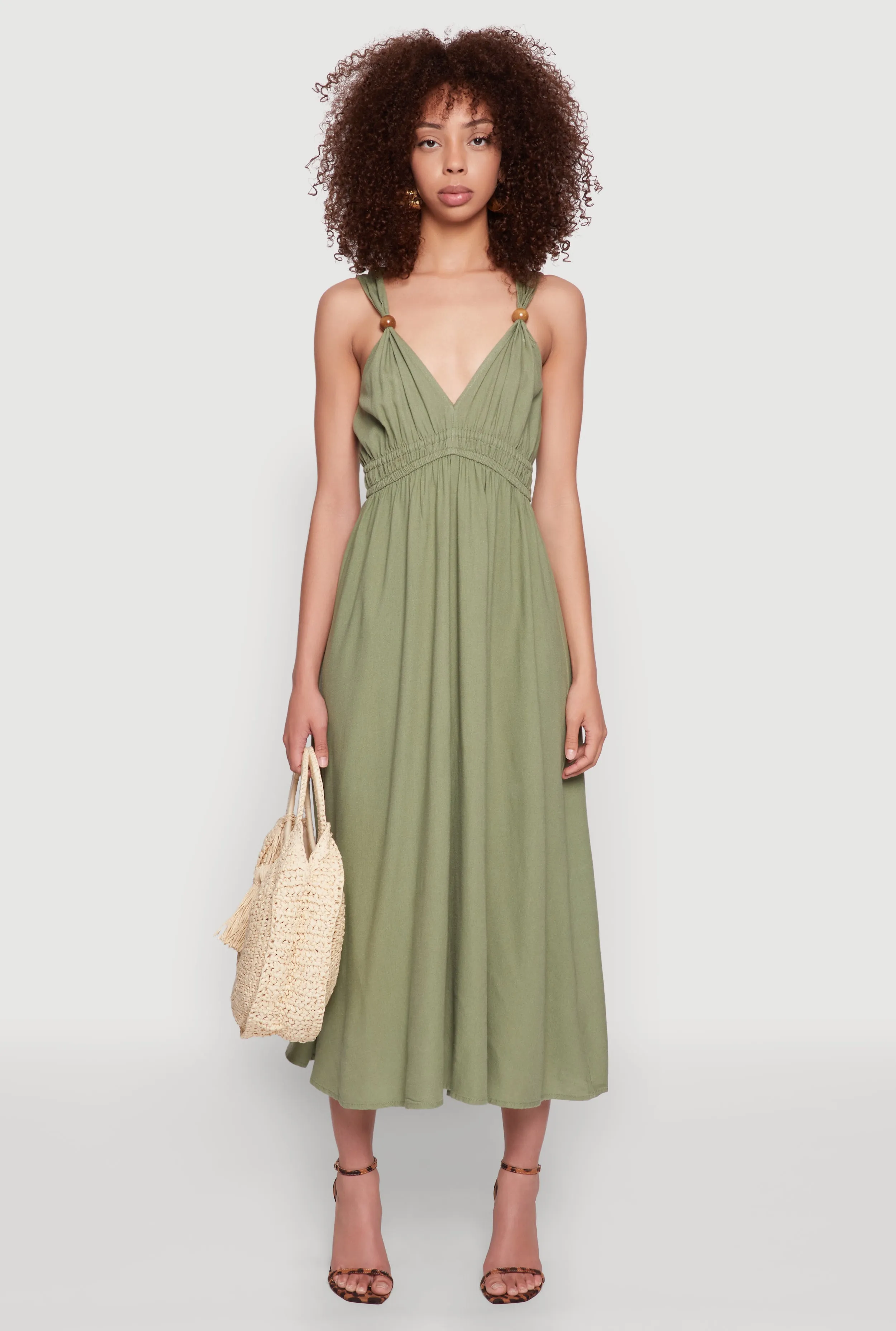 Effortless vacation dress Haute Monde Linen Wood Beaded Strap Sundress