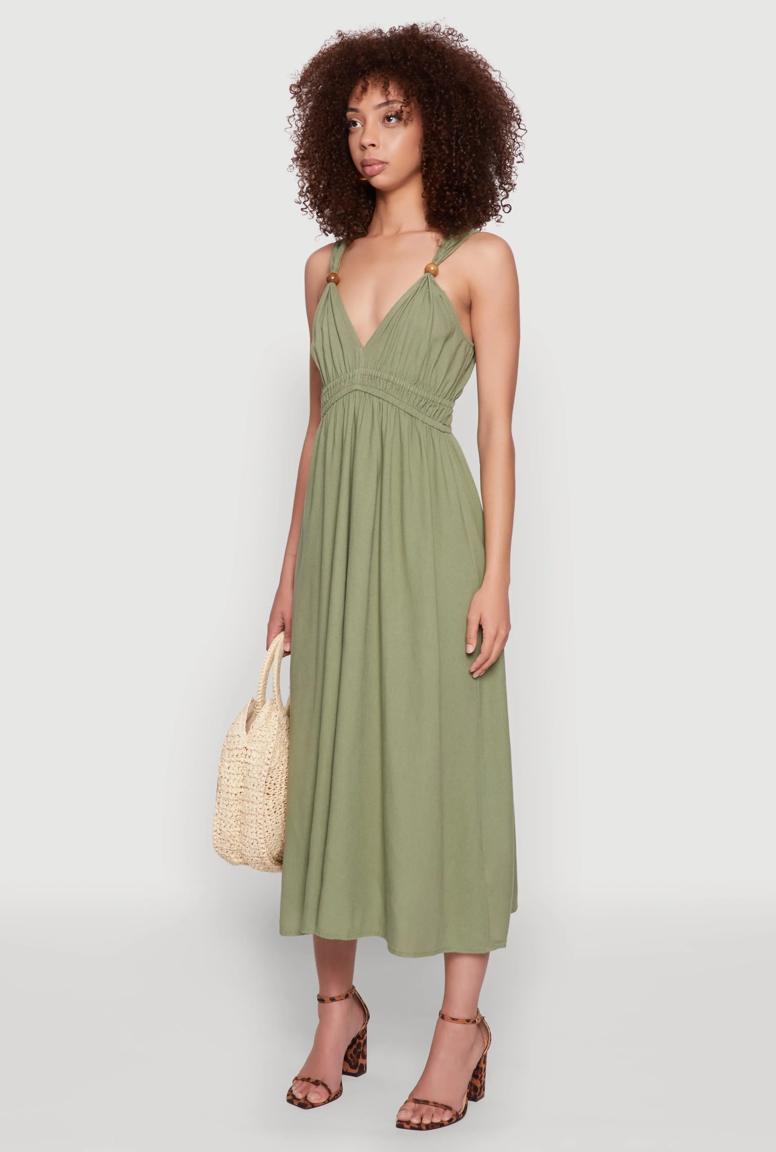Haute Monde Linen Wood Beaded Strap Sundress Stone Path With its simple silhouette this maxi dress offers a flattering look for all body types
