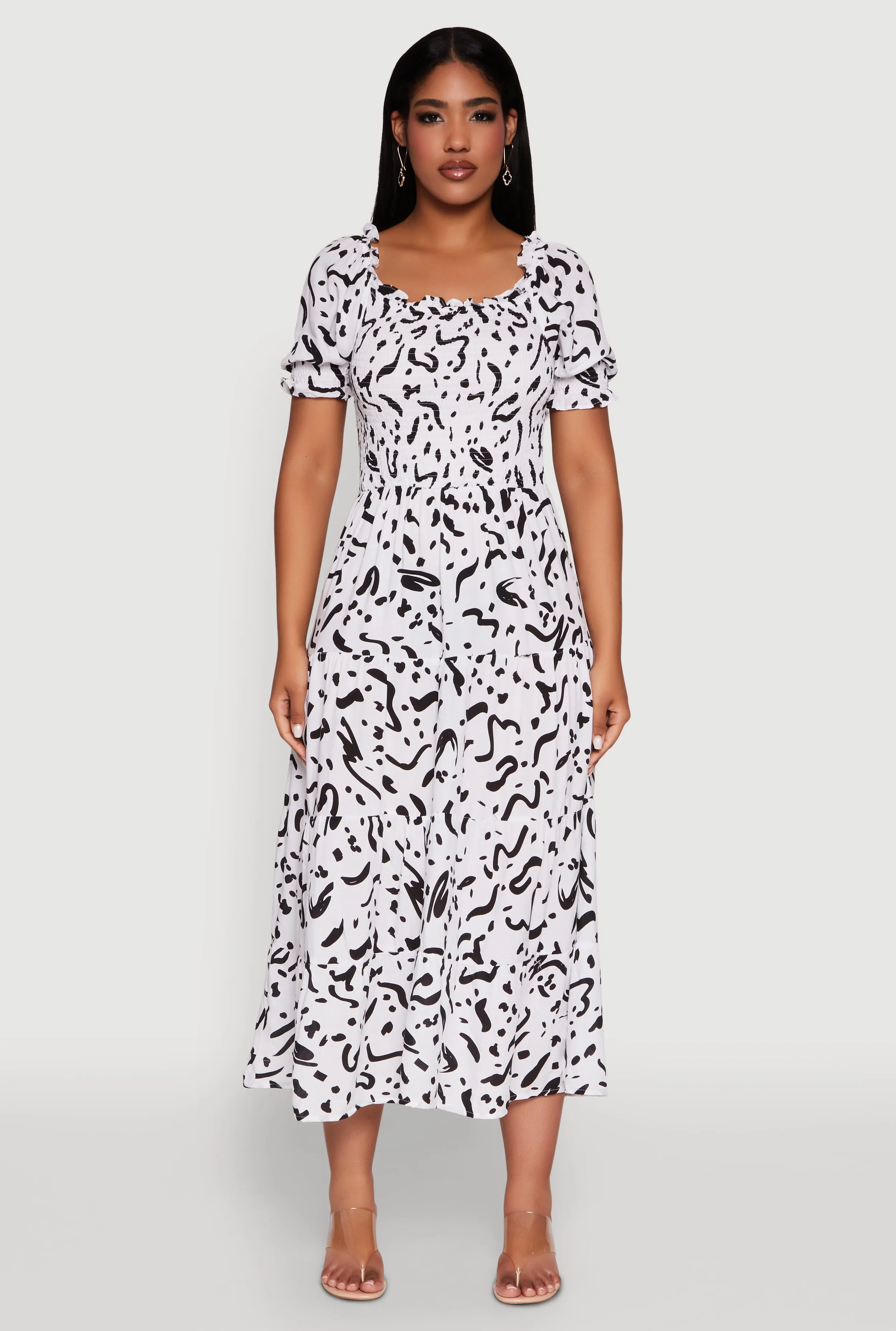 Patterned Smocked Maxi Peasant Dress Designed with simplicity and sophistication in mind this dress is perfect for any occasion Garnet Shine