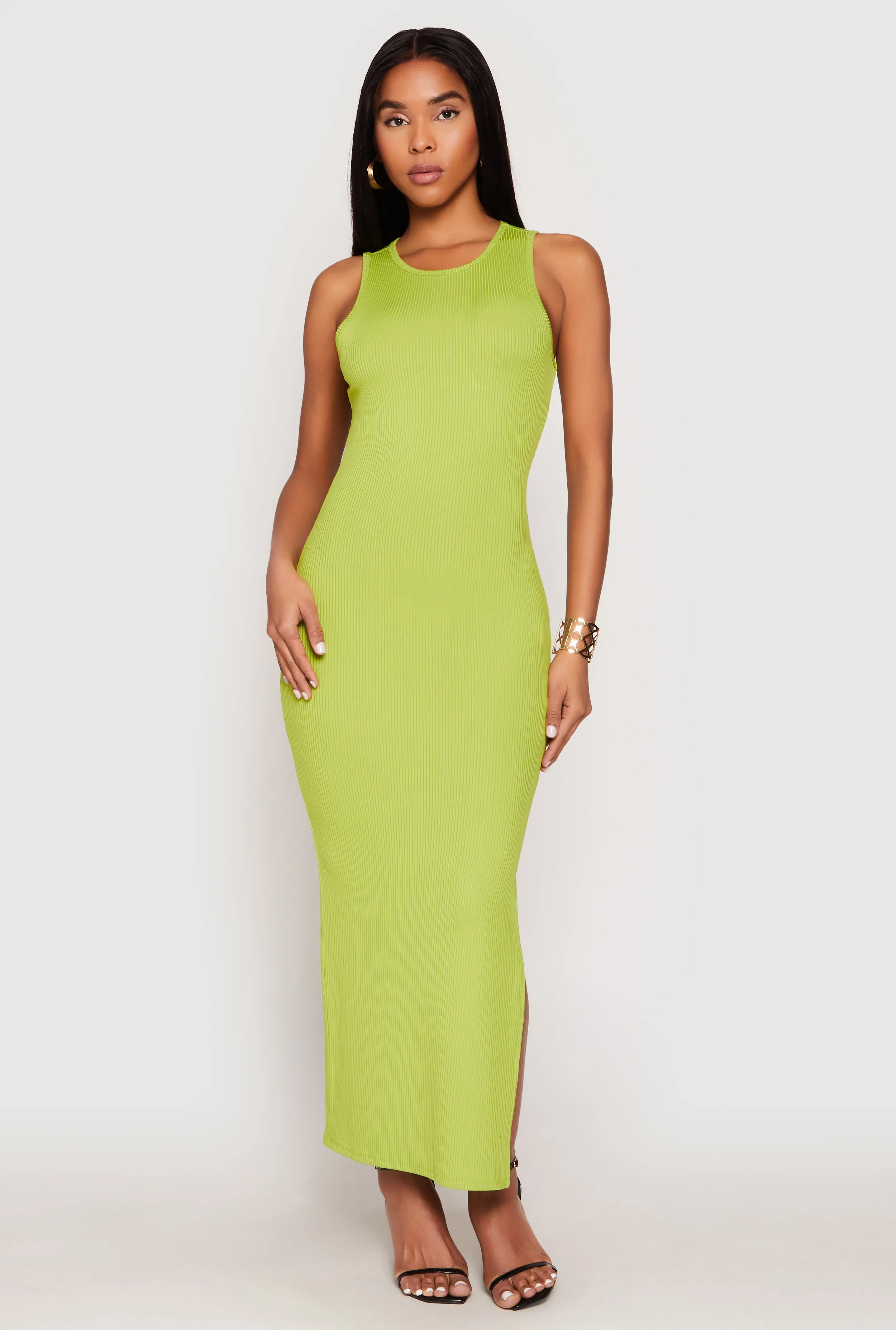 Ribbed Knit Side Slit Tank Maxi Dress Shell Glow