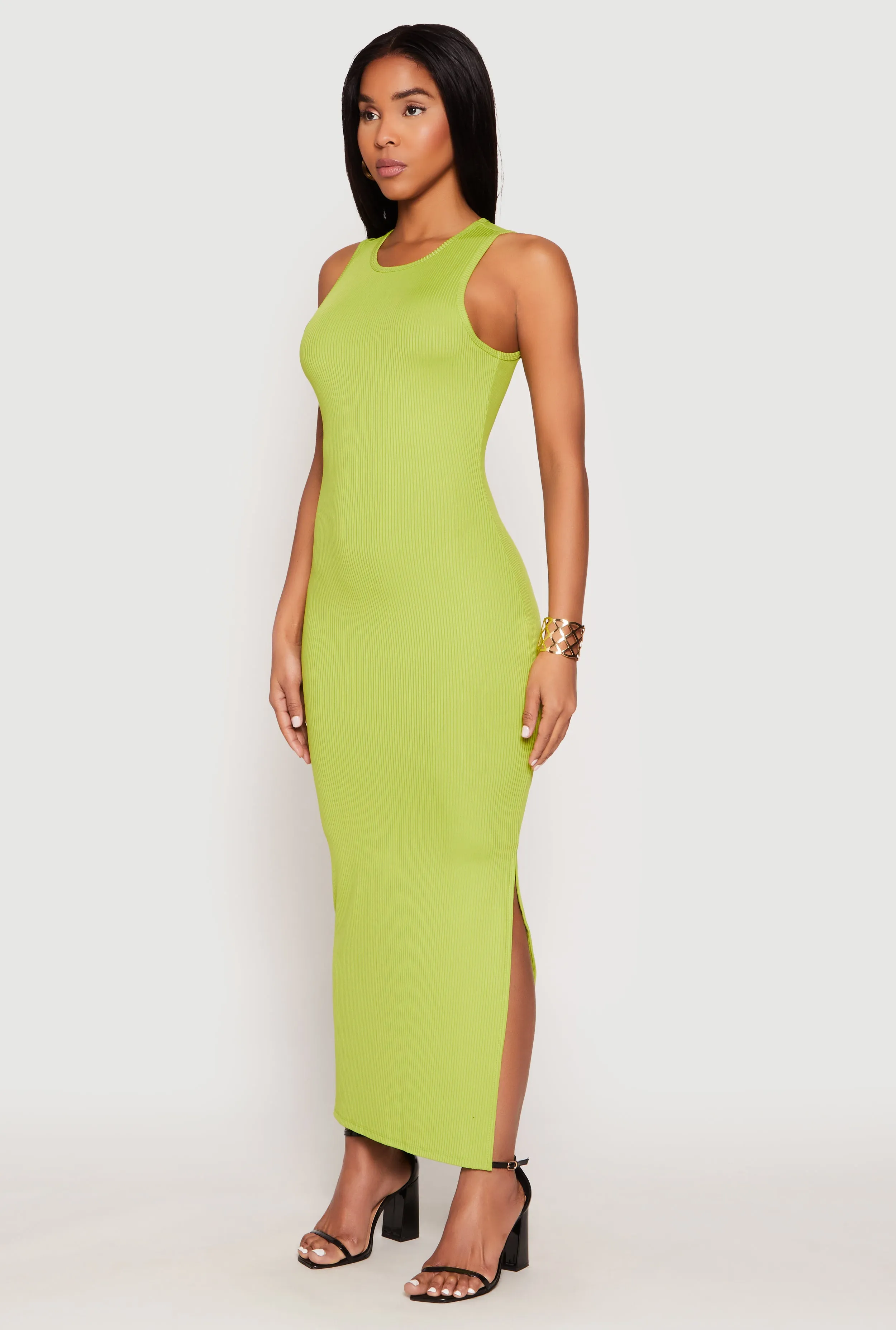 Flower Path Glass Glow Ribbed Knit Side Slit Tank Maxi Dress