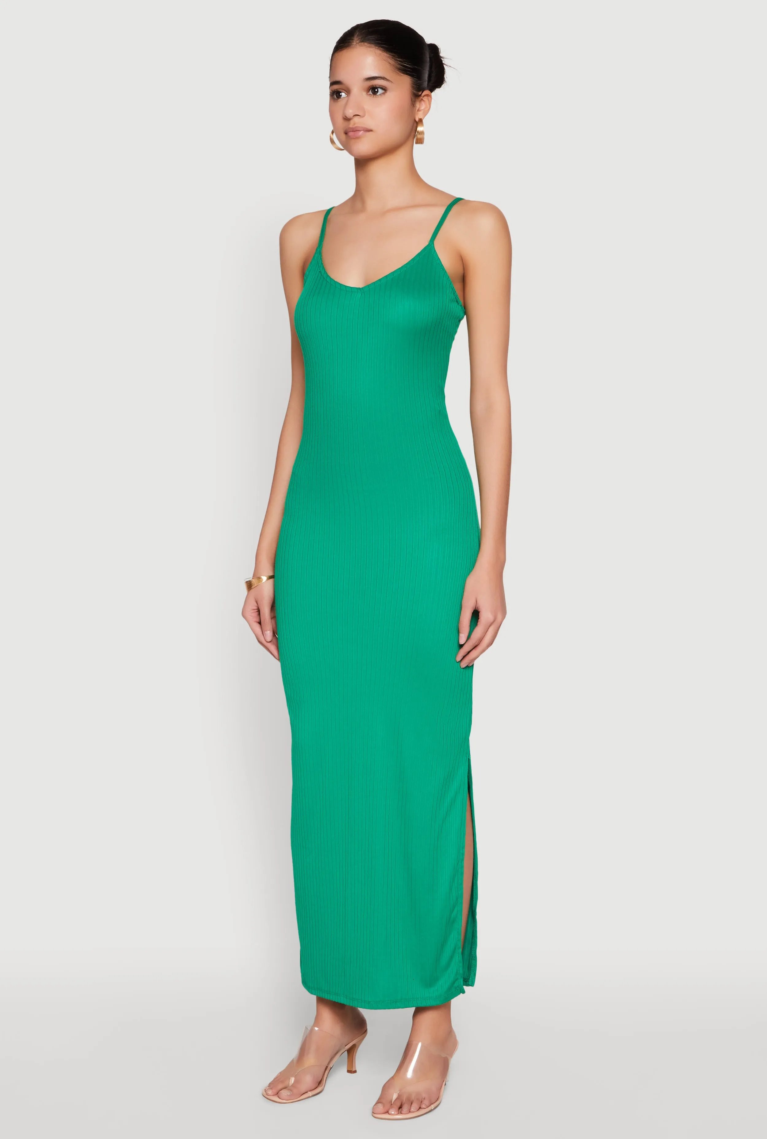 Twill Smooth Grain Gold Side Slit V Neck Maxi Dress