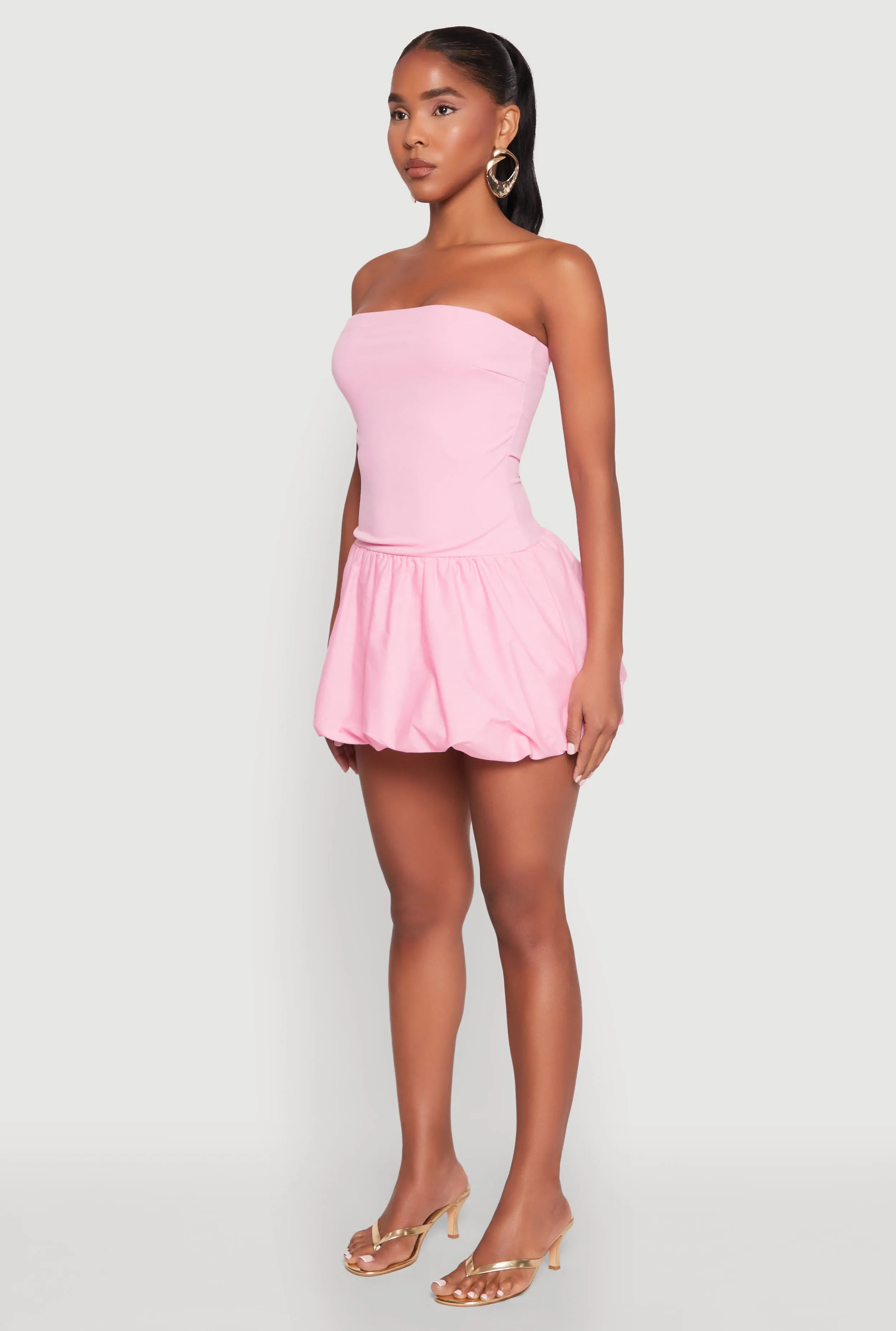Strapless Bubble Hem Mini Dress Model Off