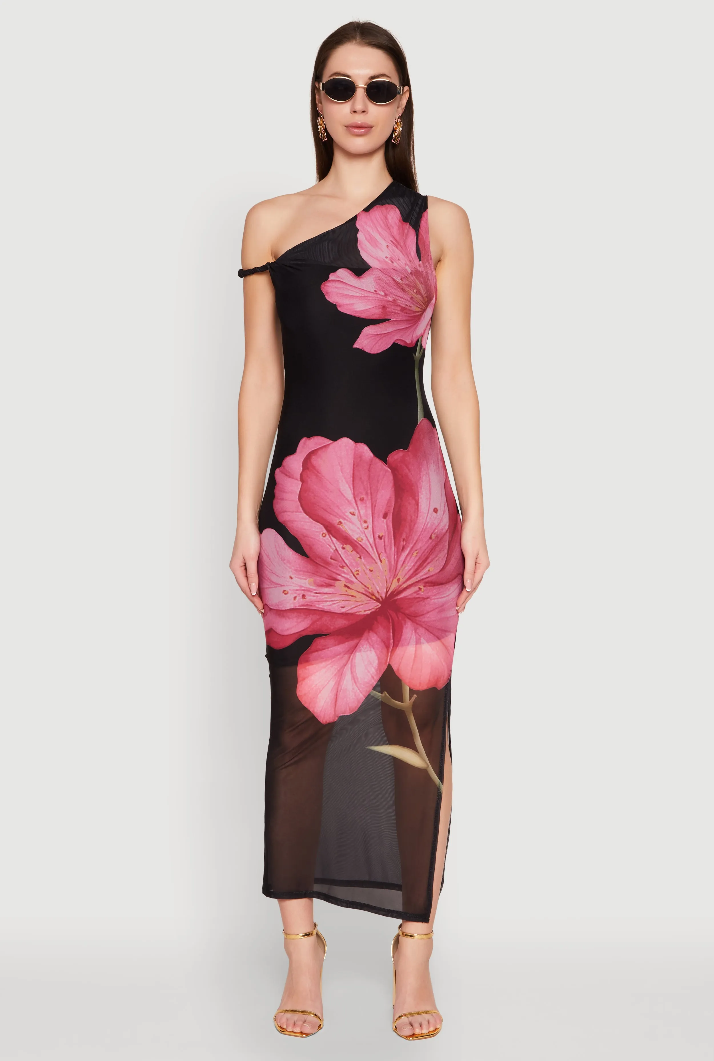 Iris One Shoulder Floral Print Maxi Dress Metal Glow