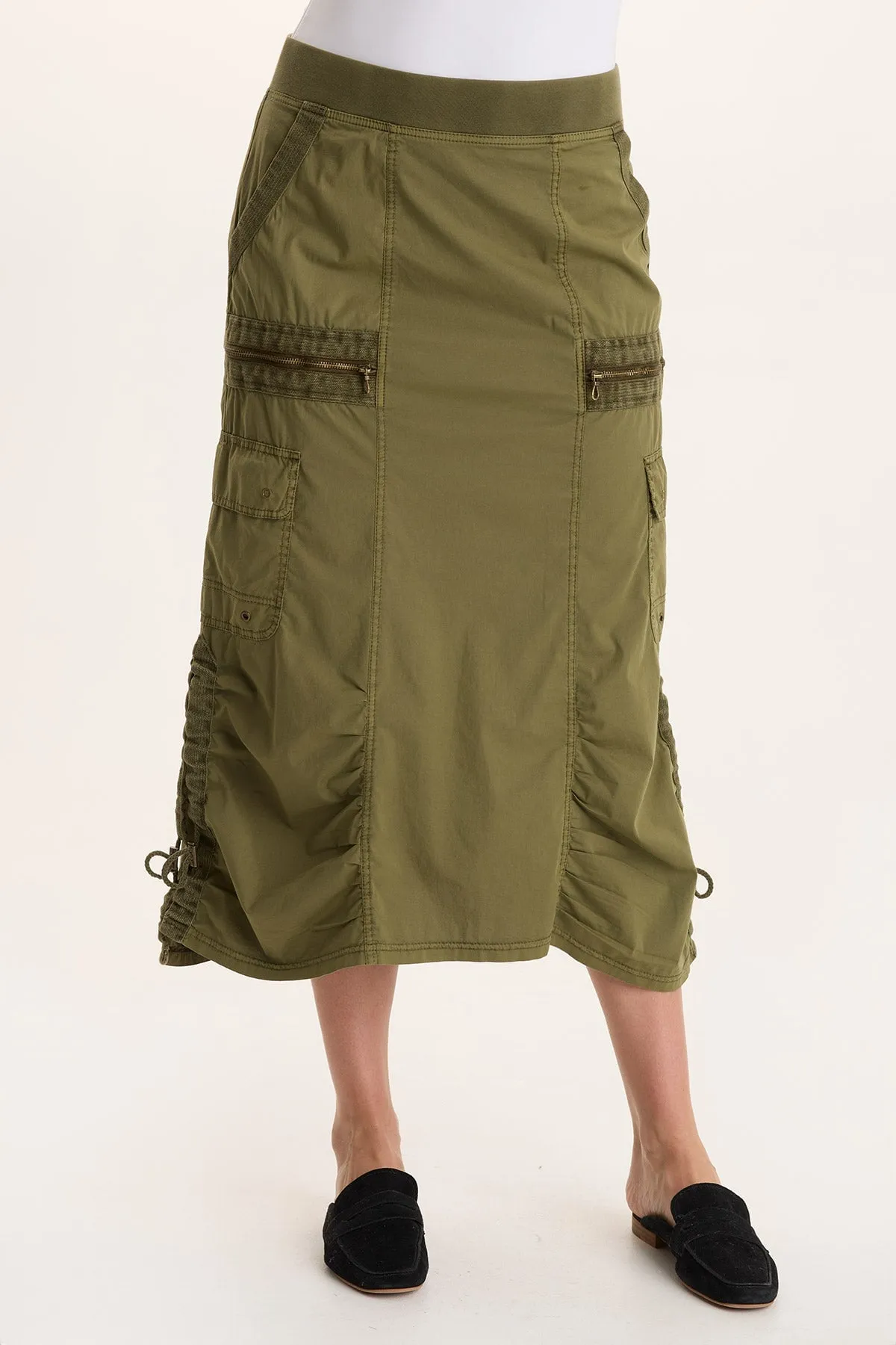 LayeredNeckline Lightweight Fabric Shea Ruched Detail Cargo Midi Skirt