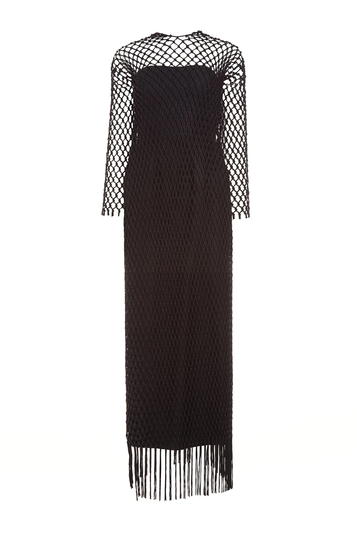 Train Ease Beauty Glow Barnett Macrame Dress with Slip in Black Wool Silk