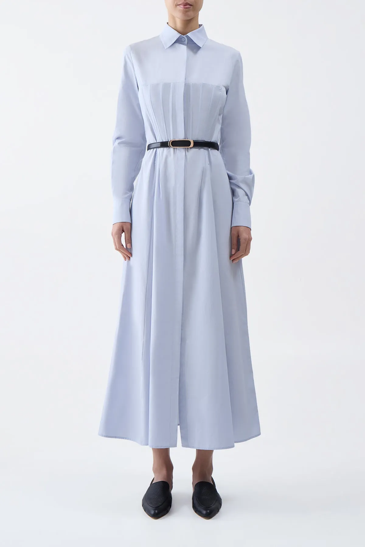 Eugene Maxi Shirtdress in Light Blue Sea Island Cotton Tencel Blend Fabric PreShrunk Cotton