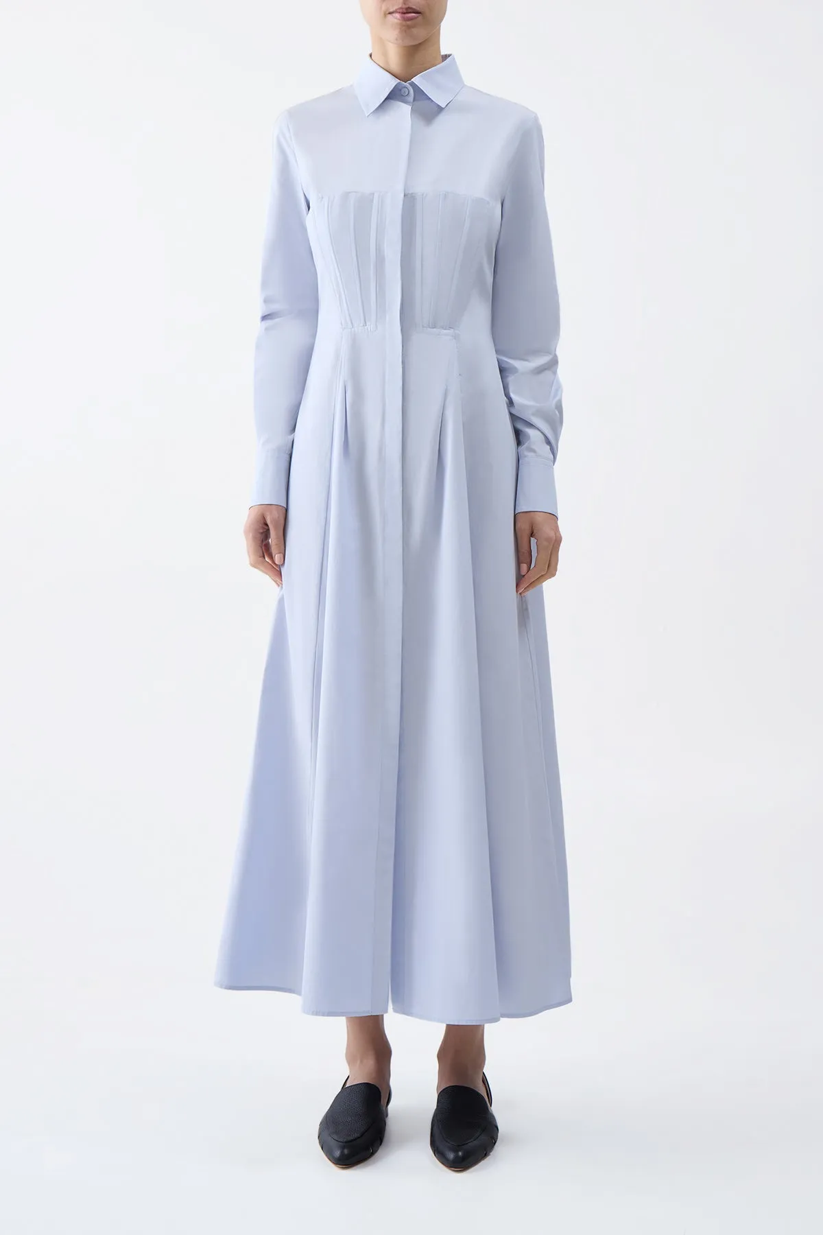 Functional Fit Eugene Maxi Shirtdress in Light Blue Sea Island Cotton