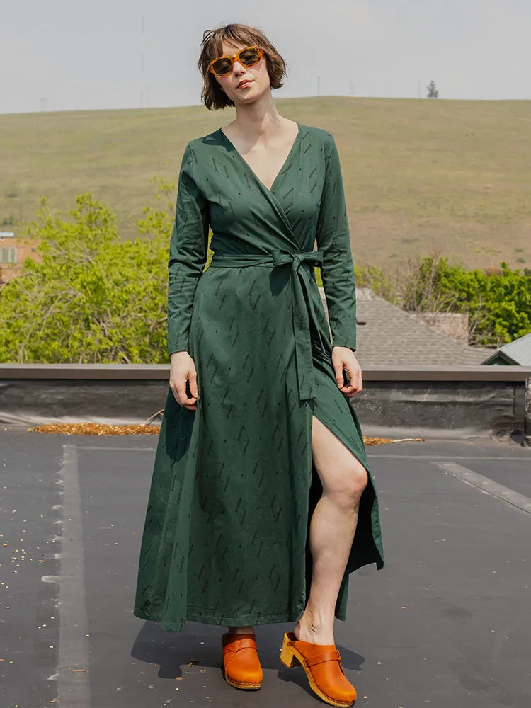 Katie Maxi Wrap Dress - Diamond Vine Dark Sage Flatlock stitching Ergonomic Pattern