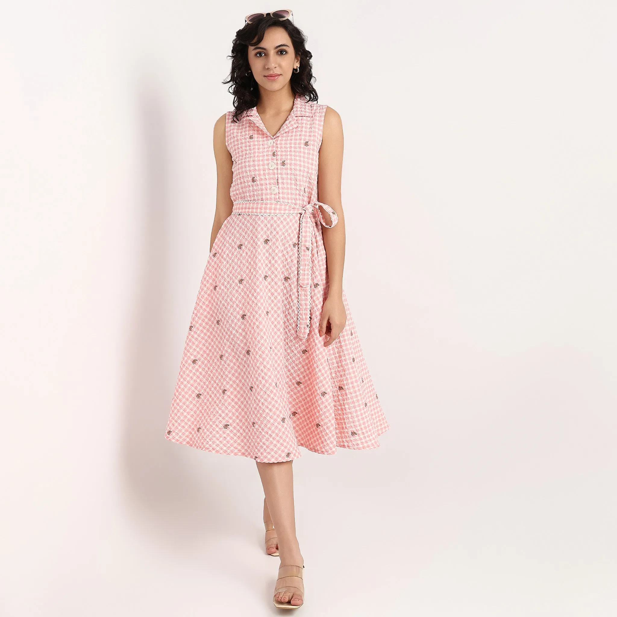 Printed Flared Dress With Waist Tie-Up Detail QuickReleaseClosure