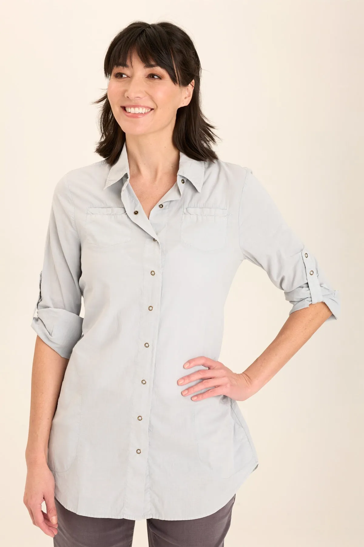 SeamlessTransition Hero Mode Reporter Soft Voile Button-Down Blouse