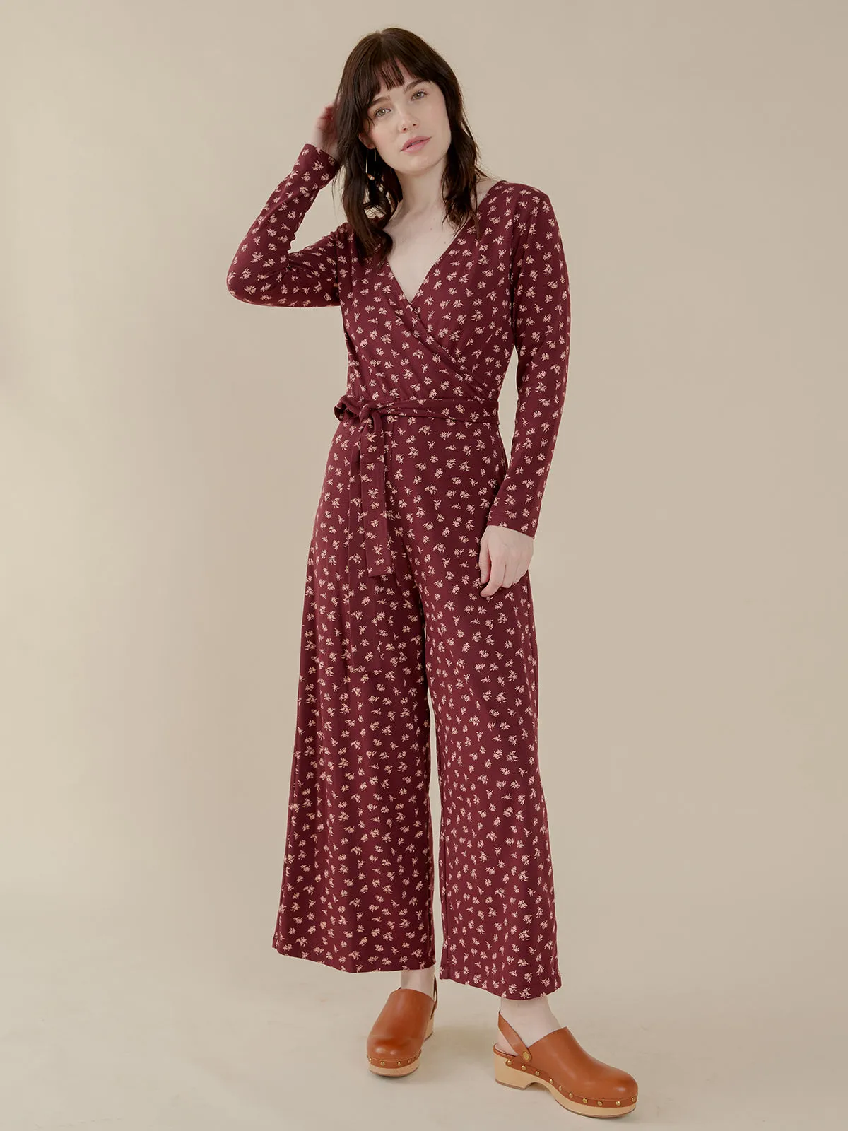 Rita Long Sleeve Jumpsuit - Burgundy Bouquet Romance Fit Reinforced Edges