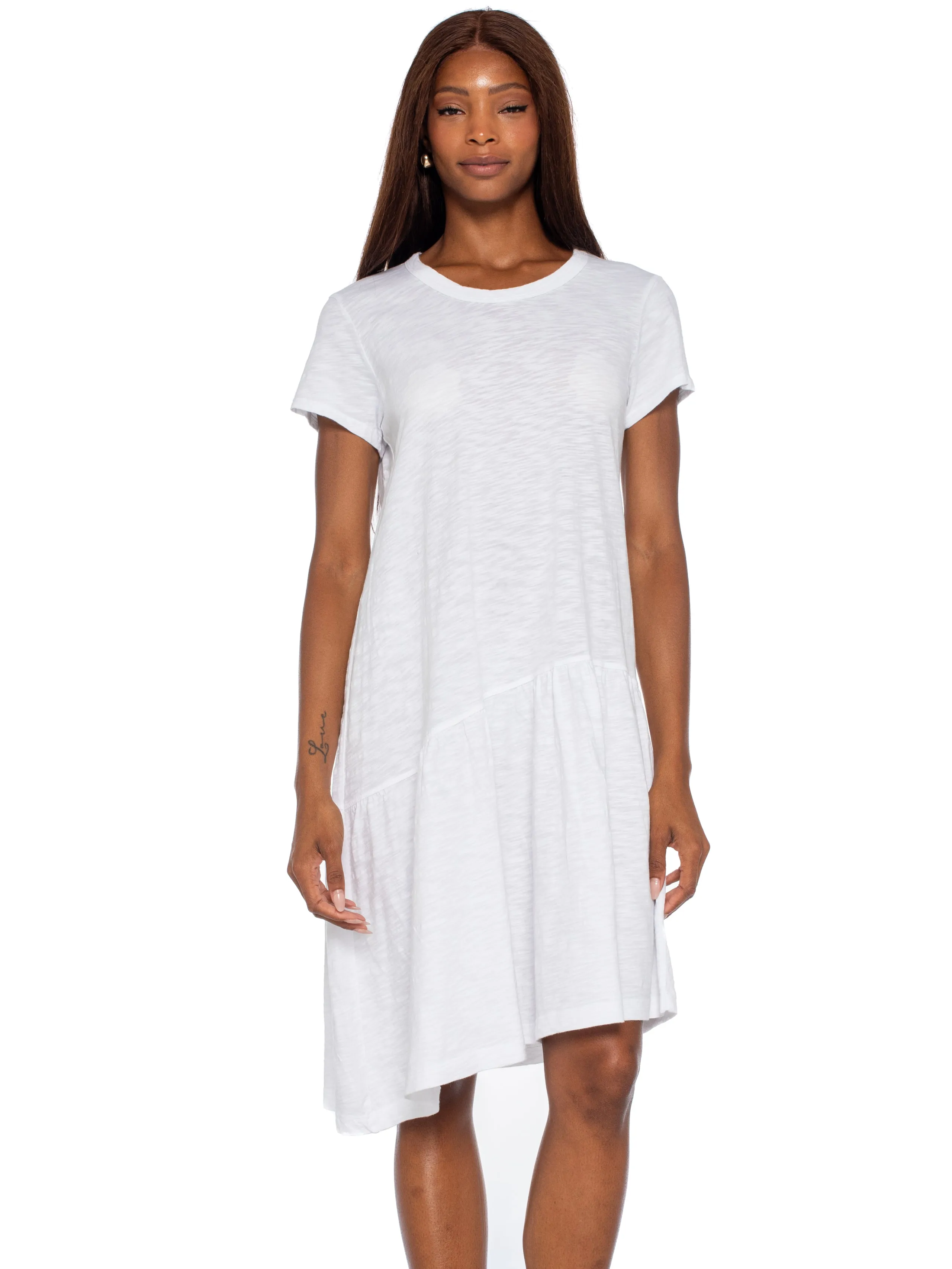 Youth Glow Clear Mind Short Sleeve Slant Hem Shirt Dress w/ Drop Torso