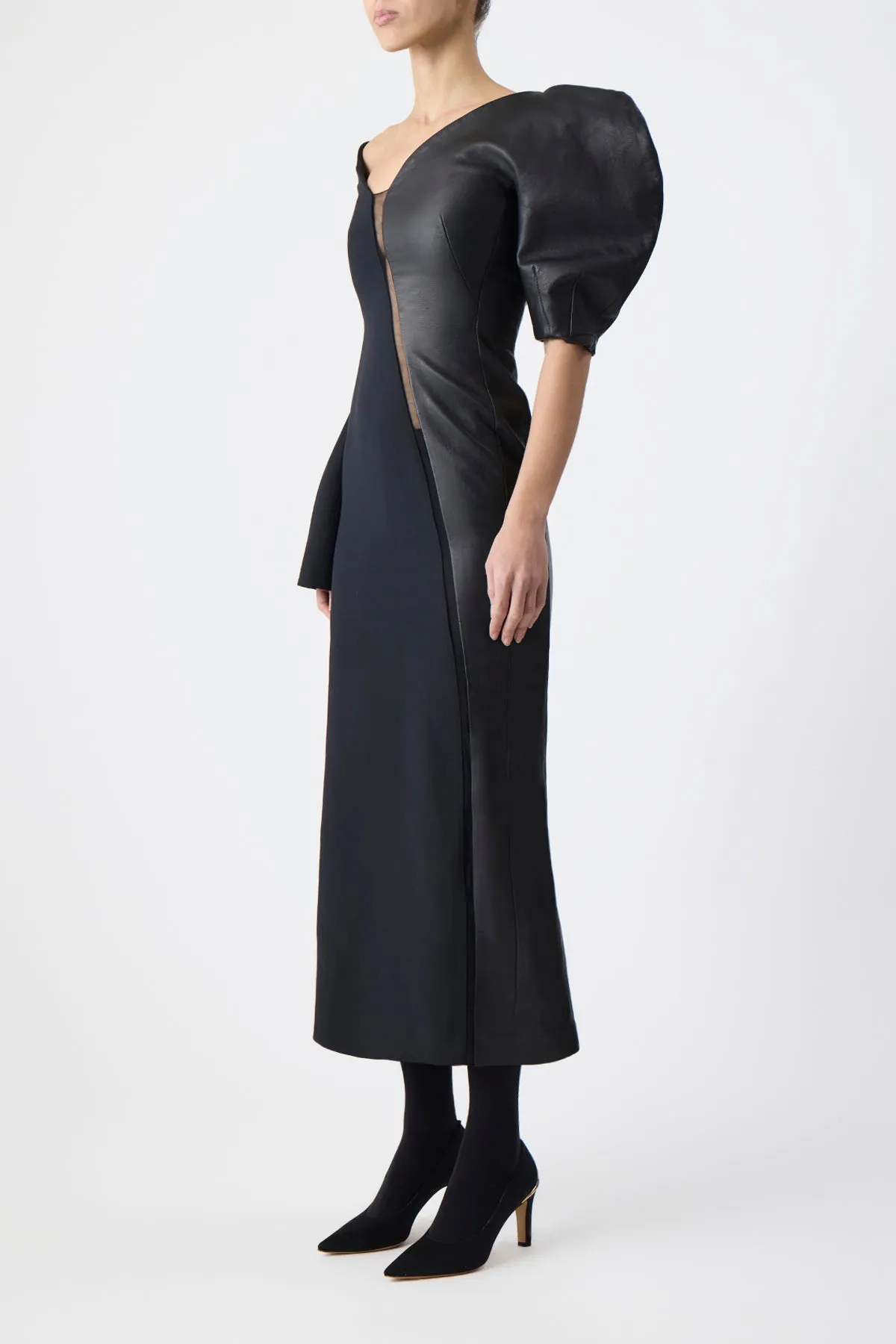 warm glow Leather Core Merlin Midi Dress in Black Wool Silk Cady and Nappa Leather