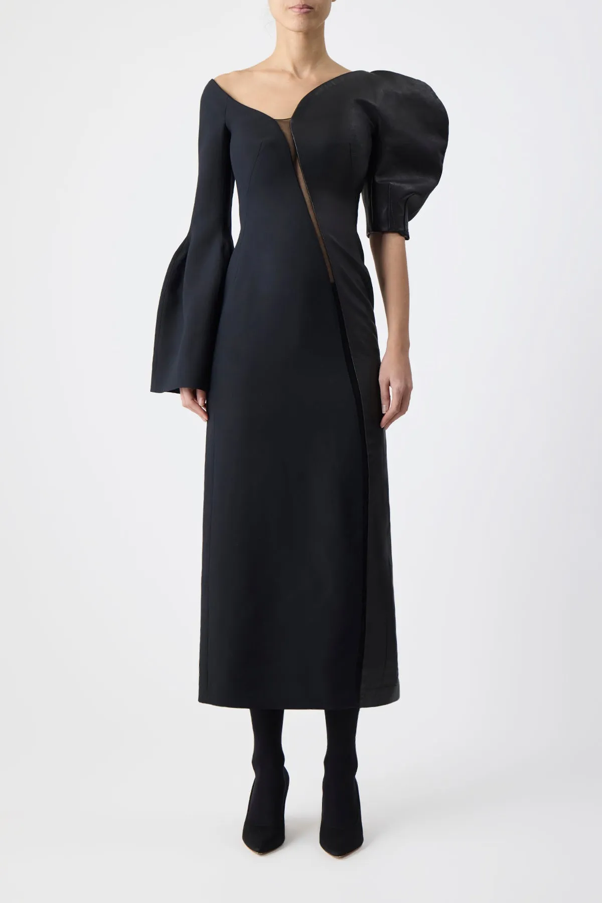 Merlin Midi Dress in Black Wool Silk Cady and Nappa Leather China Cool