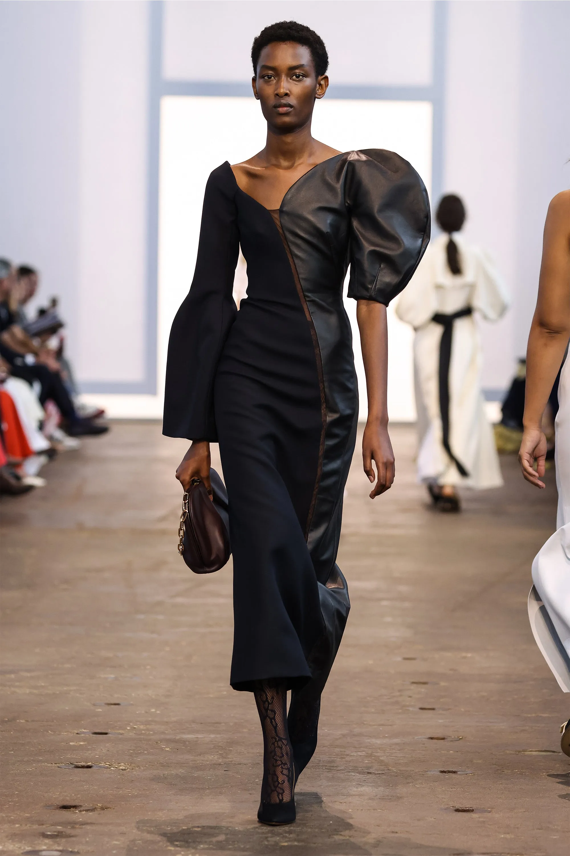 Merlin Midi Dress in Black Wool Silk Cady and Nappa Leather Soft Flow