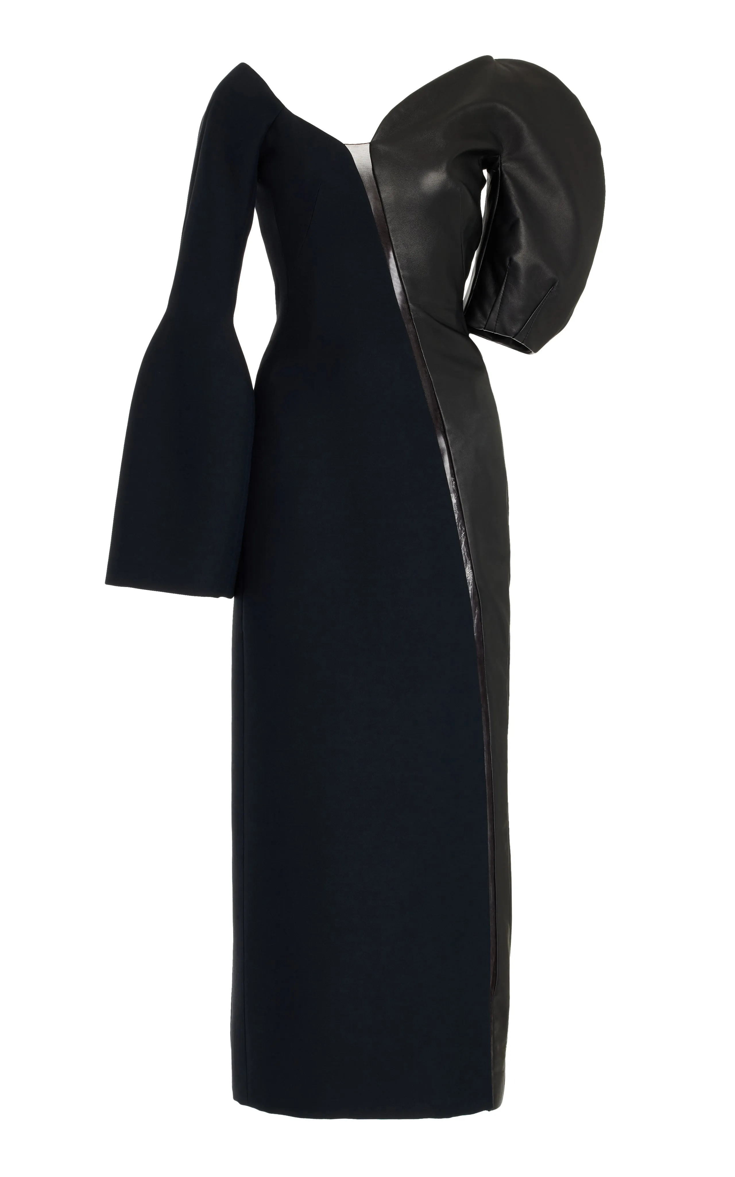 Merlin Midi Dress in Black Wool Silk Cady and Nappa Leather WrinkleFree Fabric