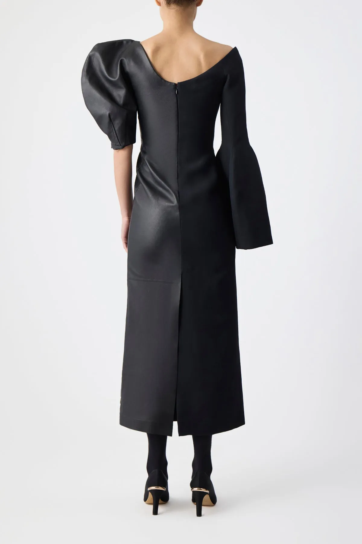 DoubleStitched Merlin Midi Dress in Black Wool Silk Cady and Nappa Leather