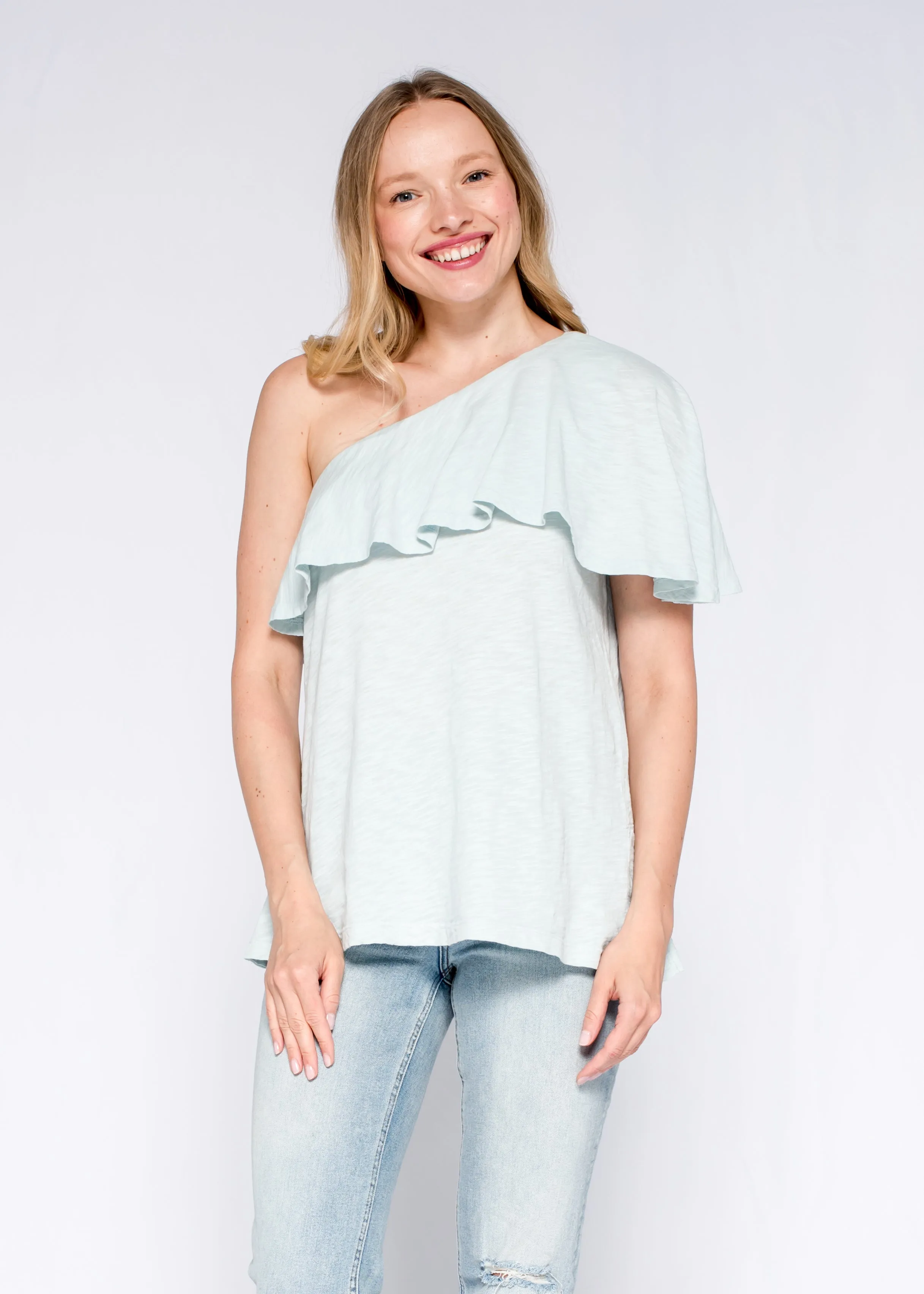 Reflective details One Shoulder Ruffled Tunic Shifted Hem Top