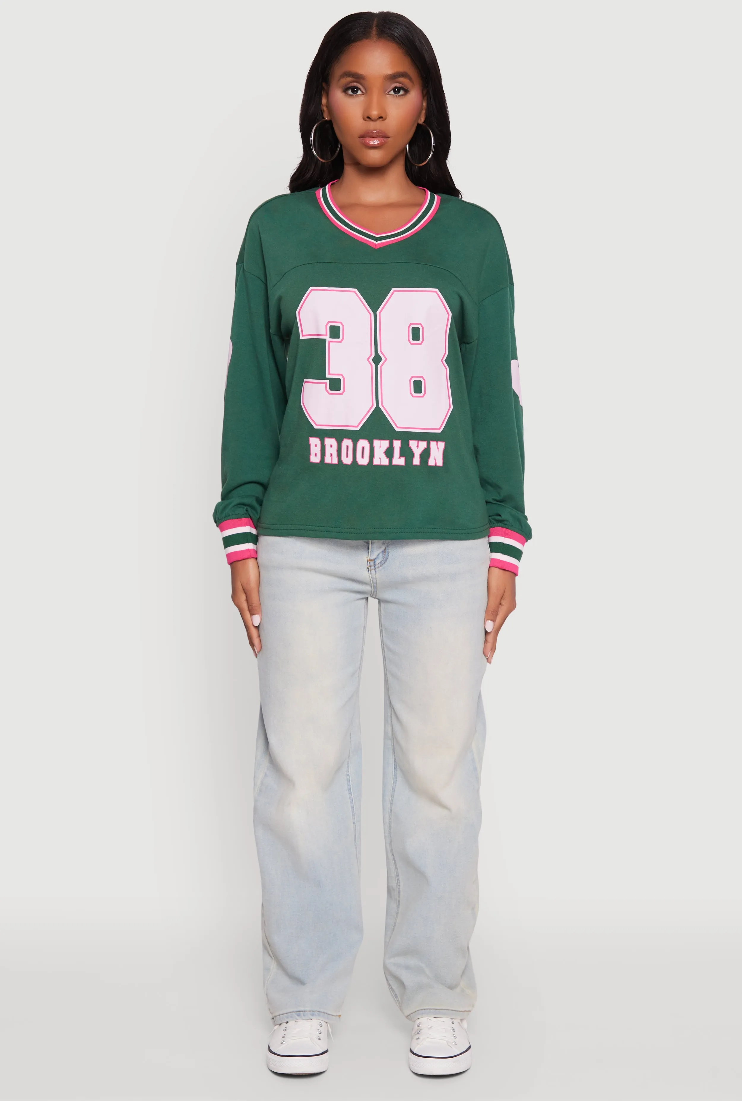 V Neck Varsity Stripe Graphic Tee Fashion Layer