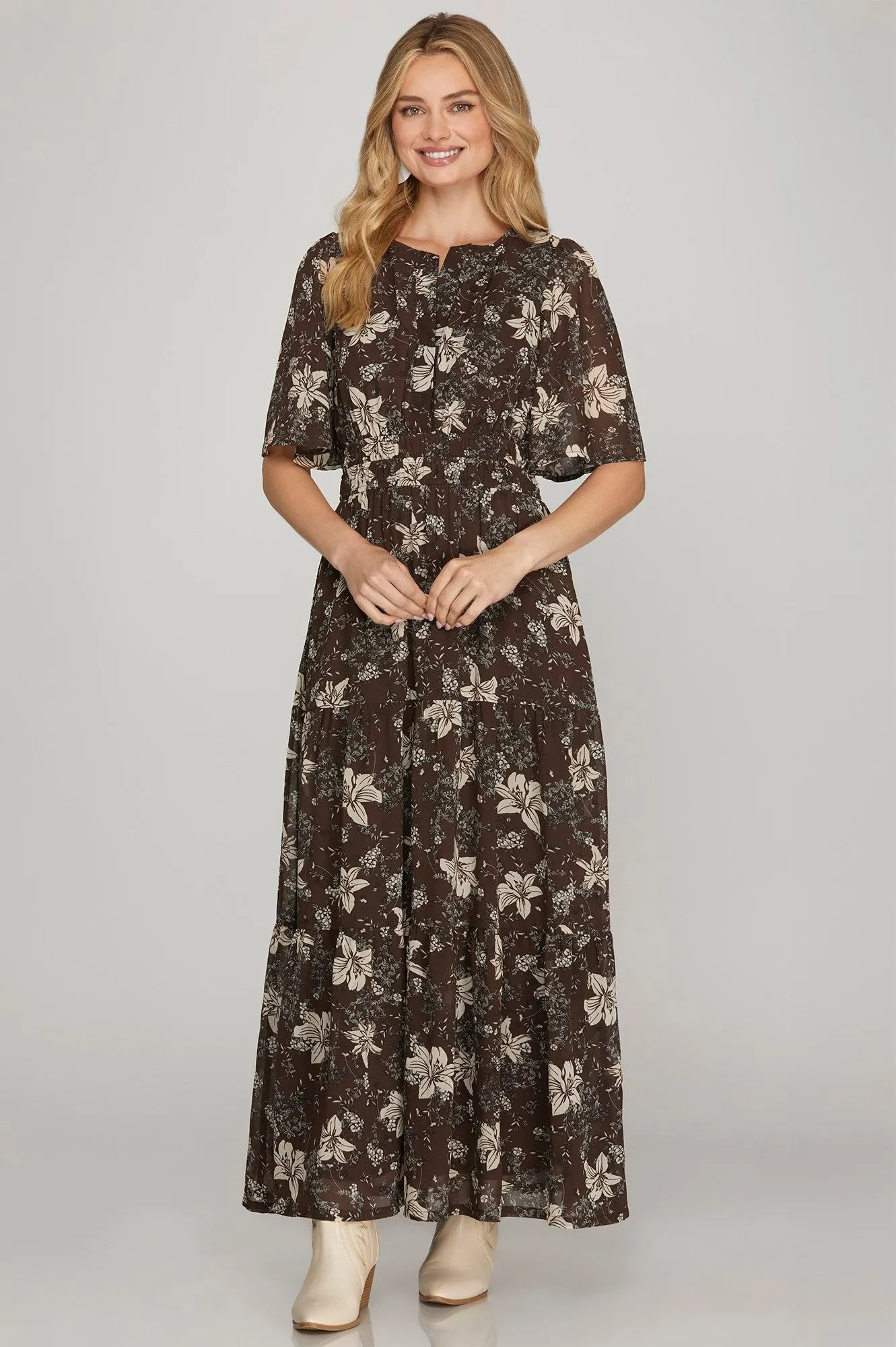 OdorResistant Material Brown Floral Dress