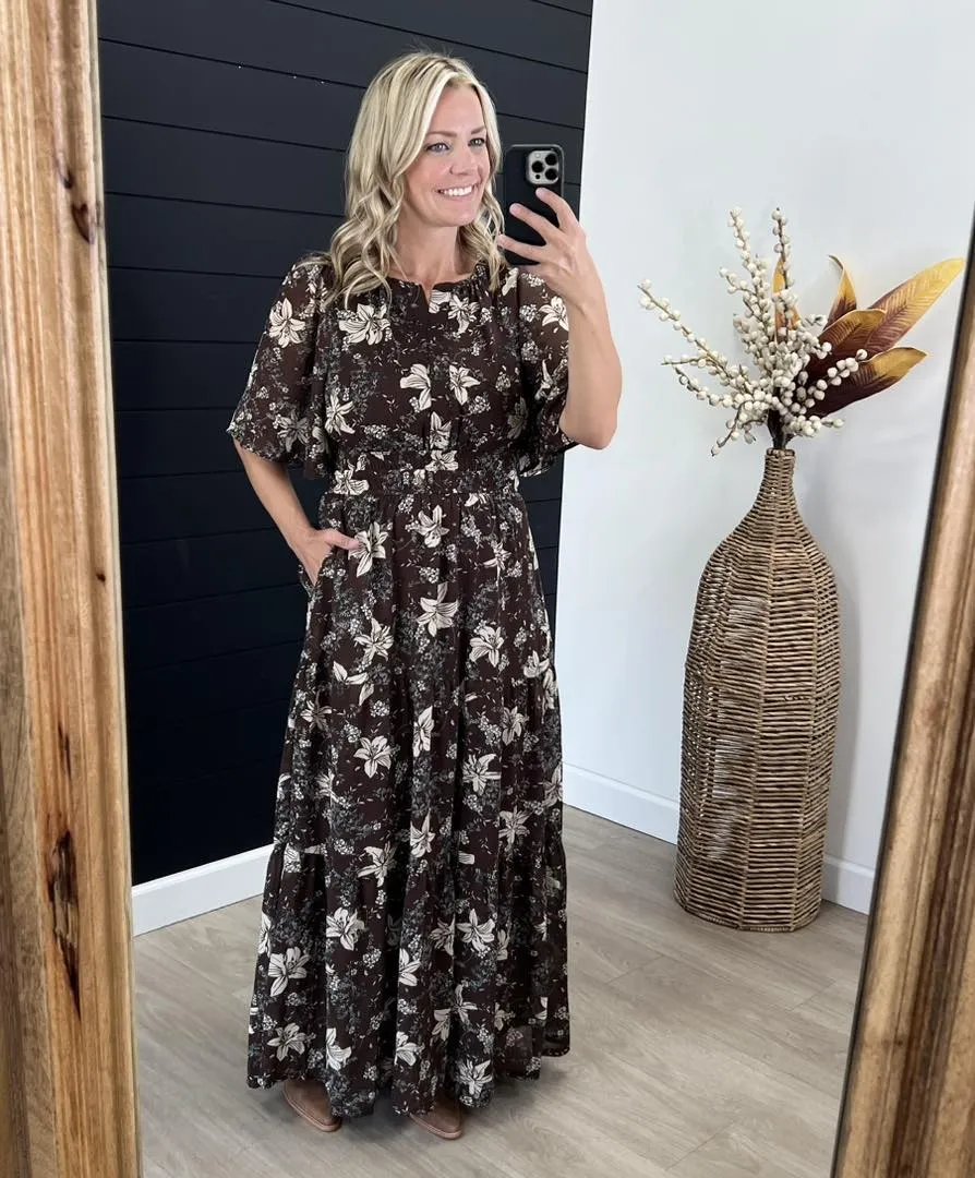 DoubleLayered Collar Brown Floral Dress
