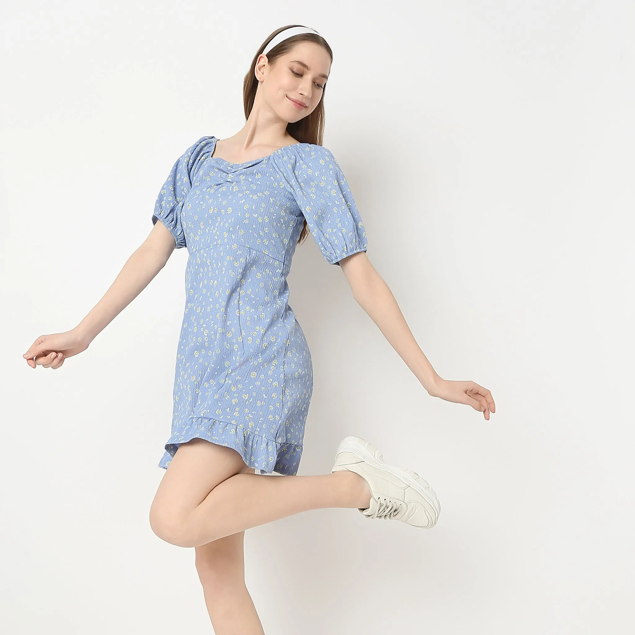 Flare Fit Printed Above Knee Sweet Heart Neck Betty Dress LightweightTextile FourWayStretch