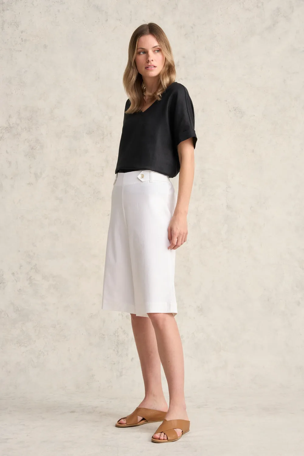 Waist Tab Linen Short - White Elastic hem Silicone Gripper Strips