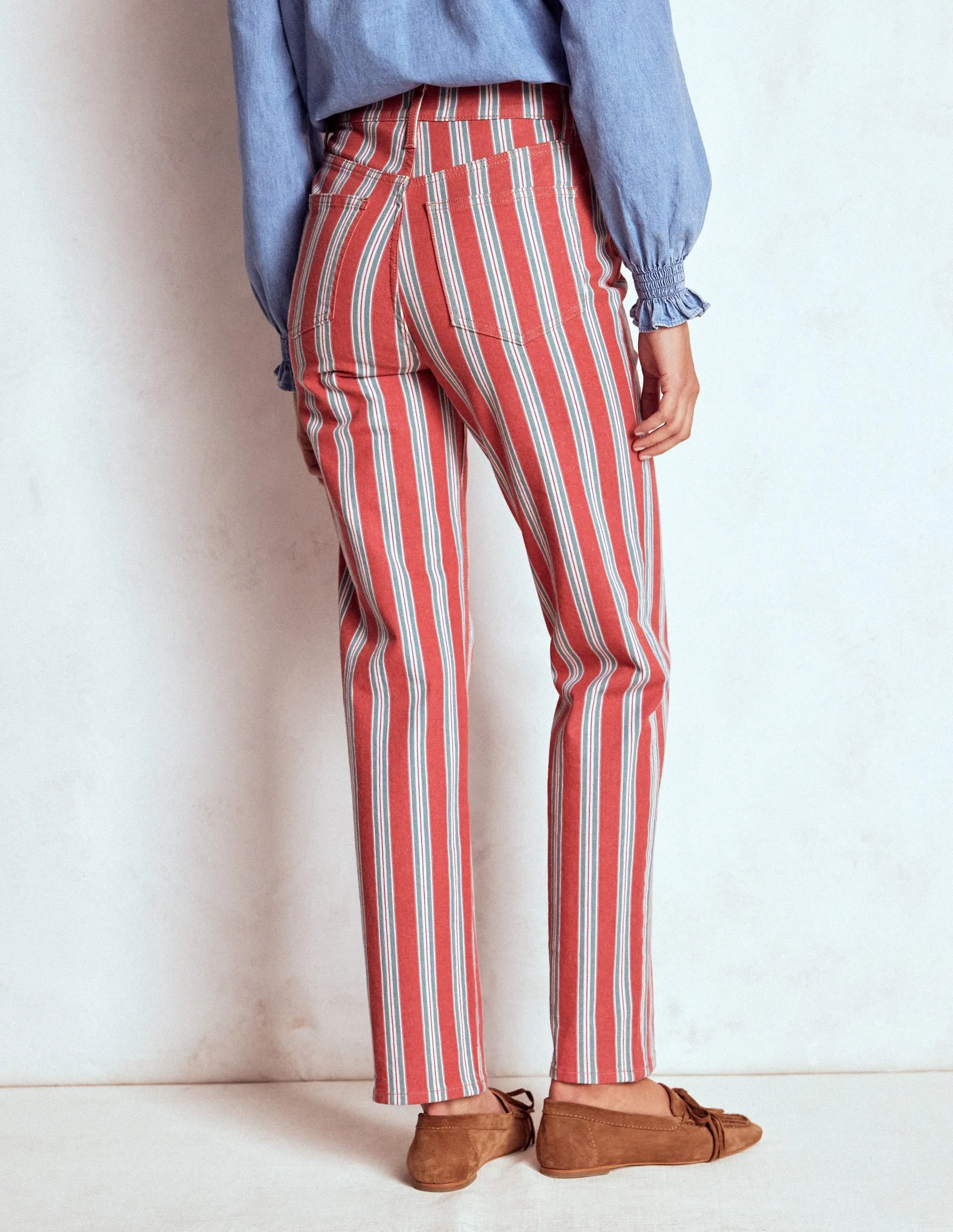 Home Comfort Autumn Days Elegant High Rise Stripe Jeans-Red, Blue and Pink Stripe