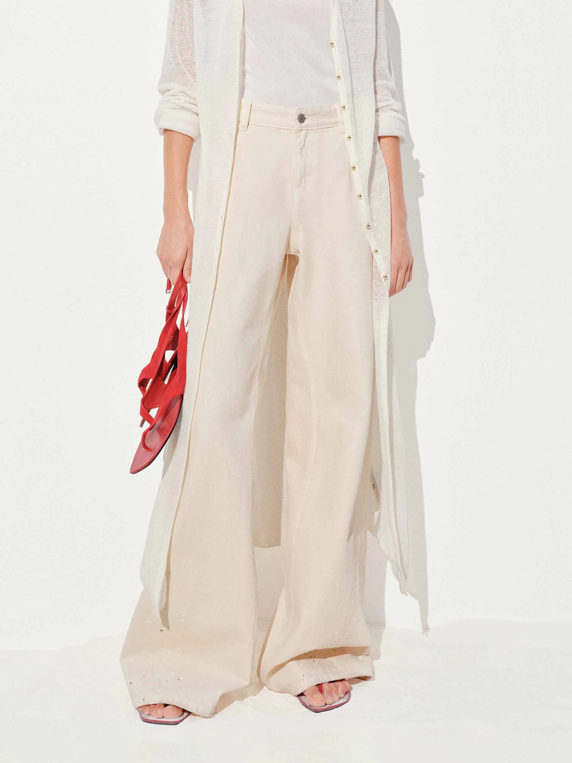 Ink-splashed Wide Leg Jeans Flex Knit Waist Panel Core Look