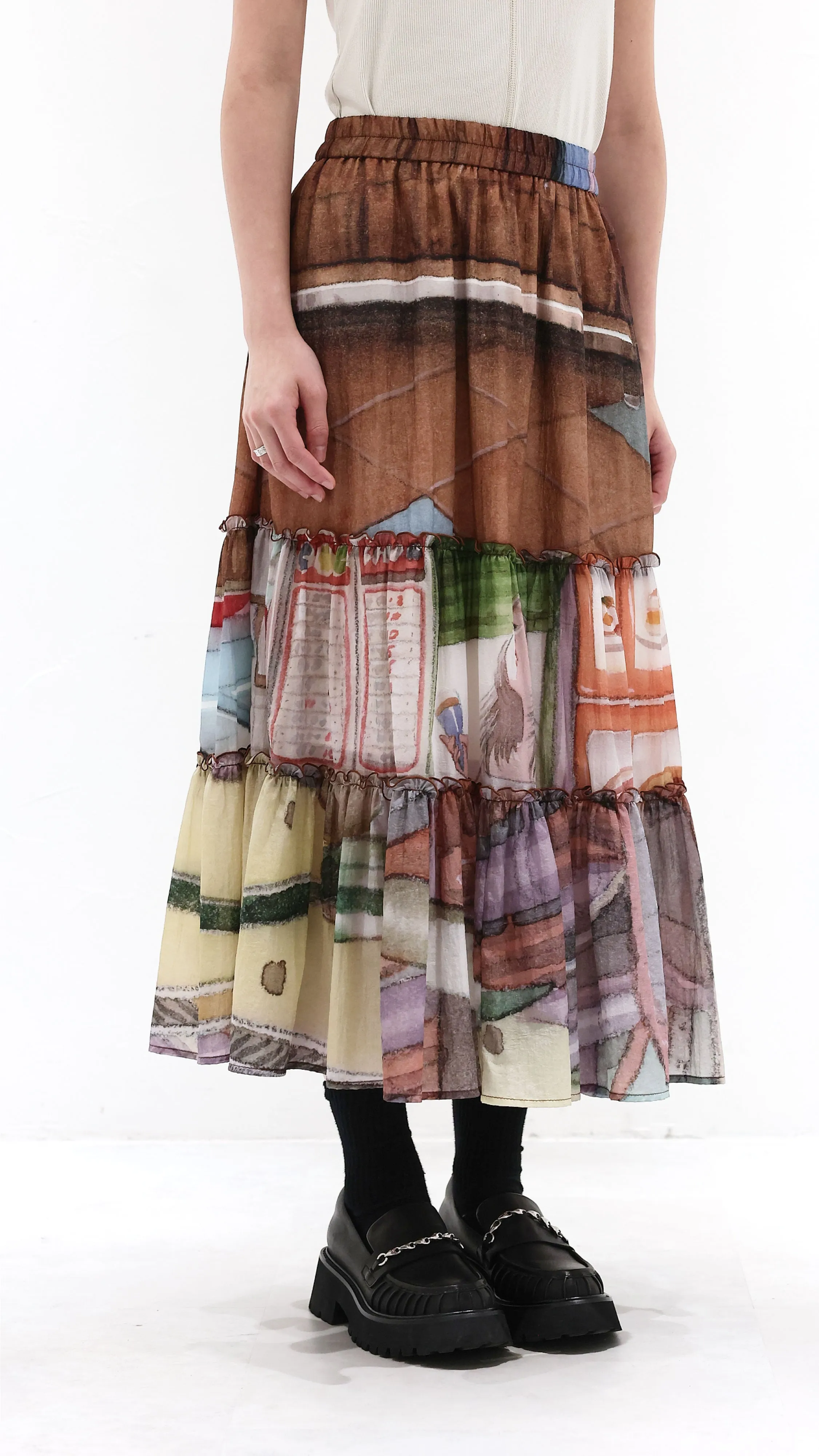 Fashion Style Ventilated Slits INITIAL x Little Thunder Pattern Midi Skirt