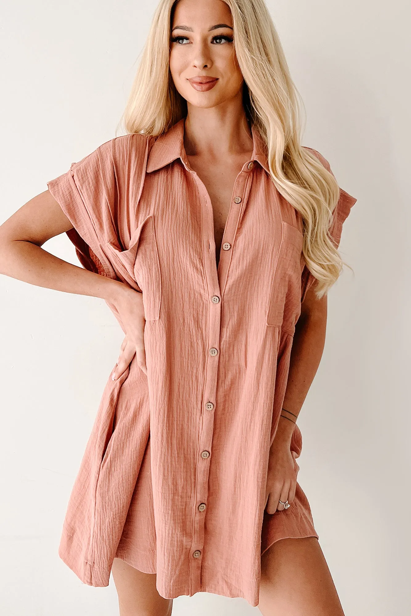 Catch My Heart Gauze Shirt Dress (Clay) Low Bulk