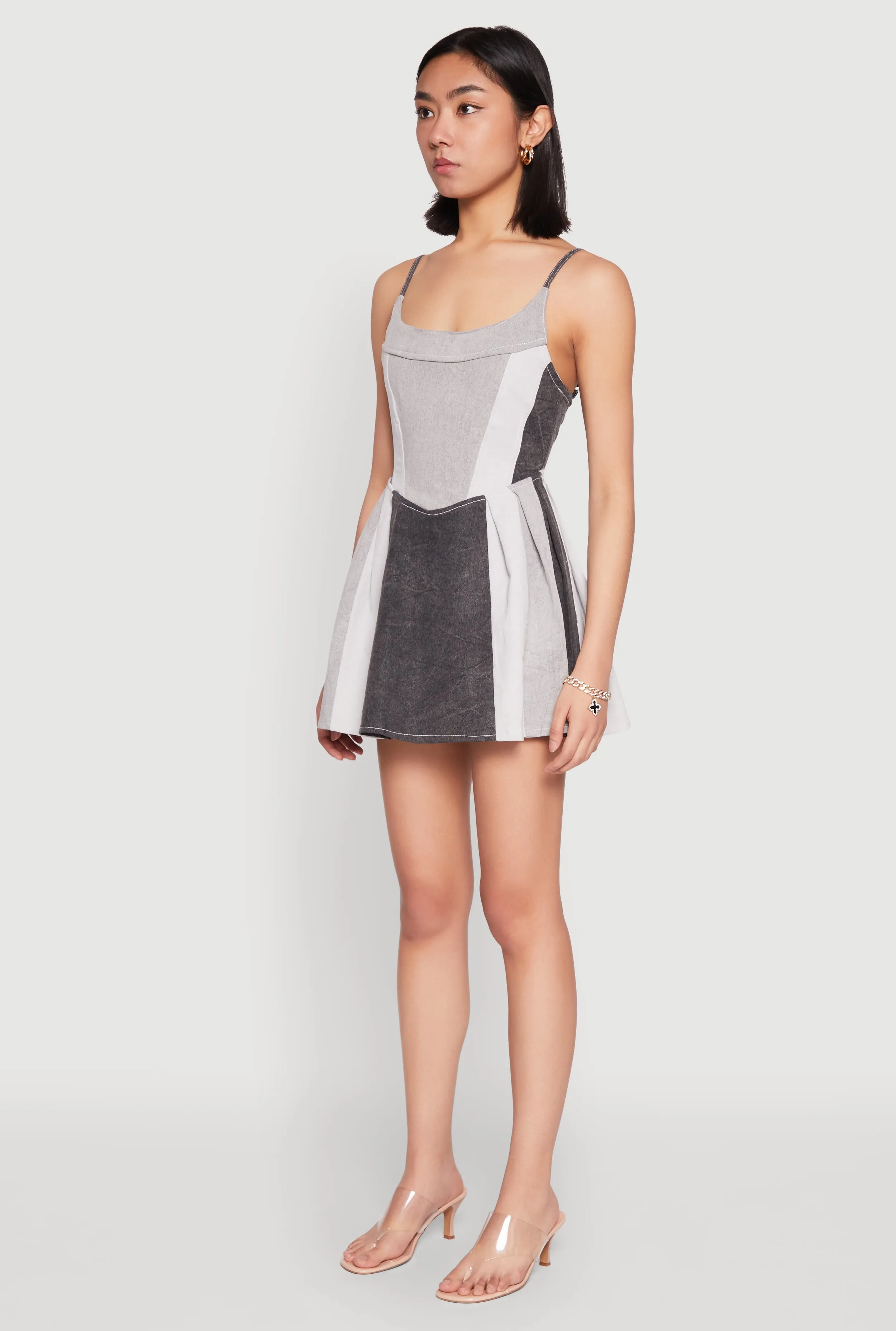 Denim Color Block Skater Dress Edge Mode Casual chic style