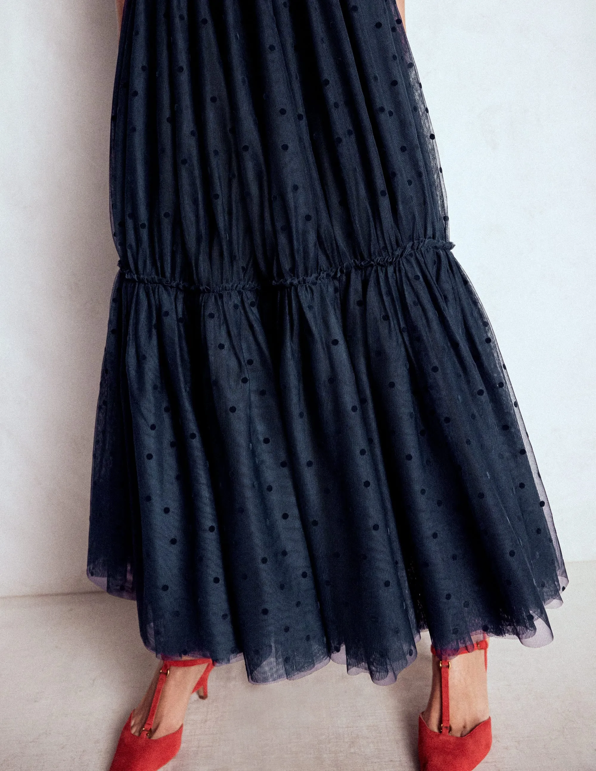 Artistic Influence Anna Tulle Midi Skirt-Navy Flocked Spot