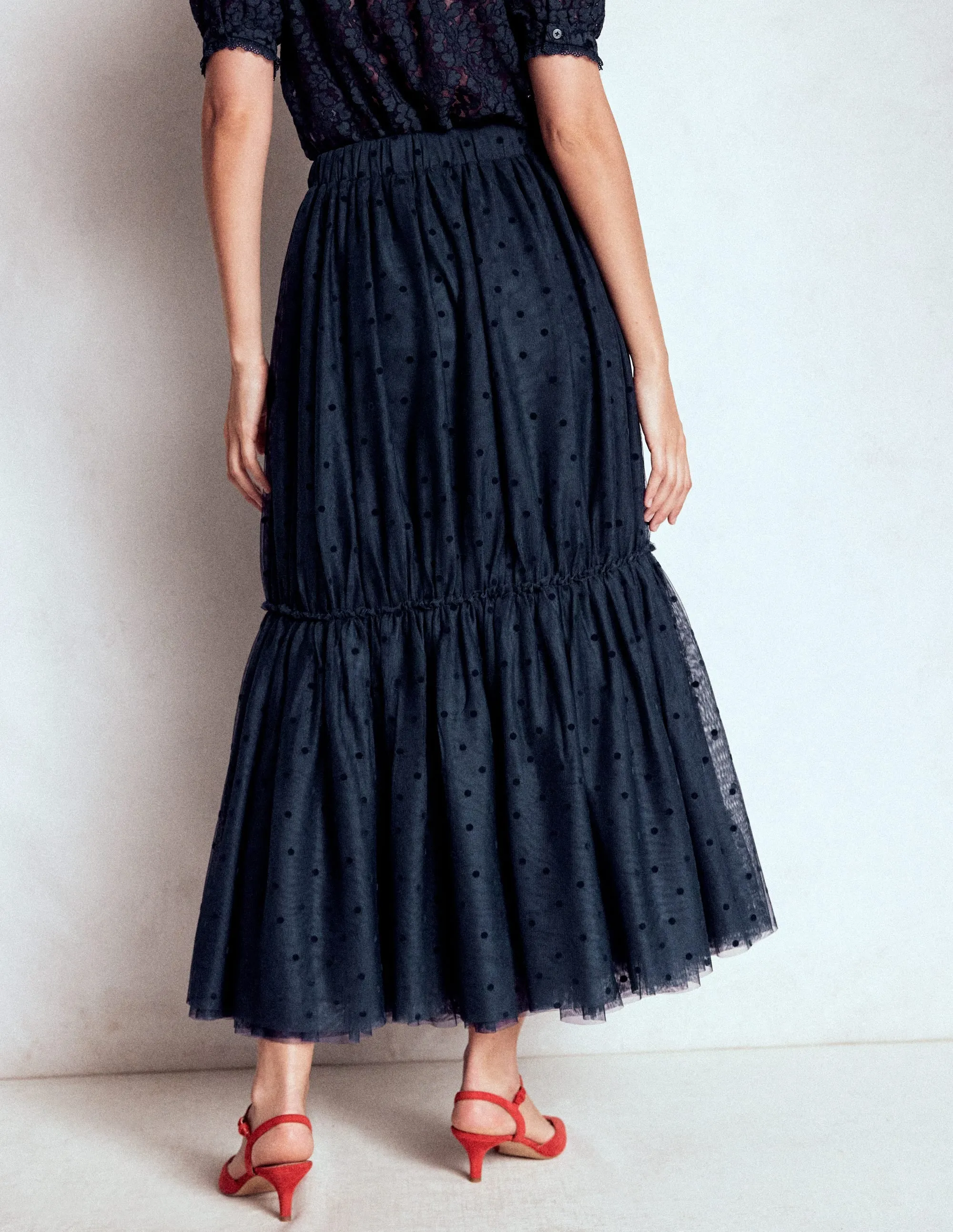 Unique Feature Fashion Collab Anna Tulle Midi Skirt-Navy Flocked Spot