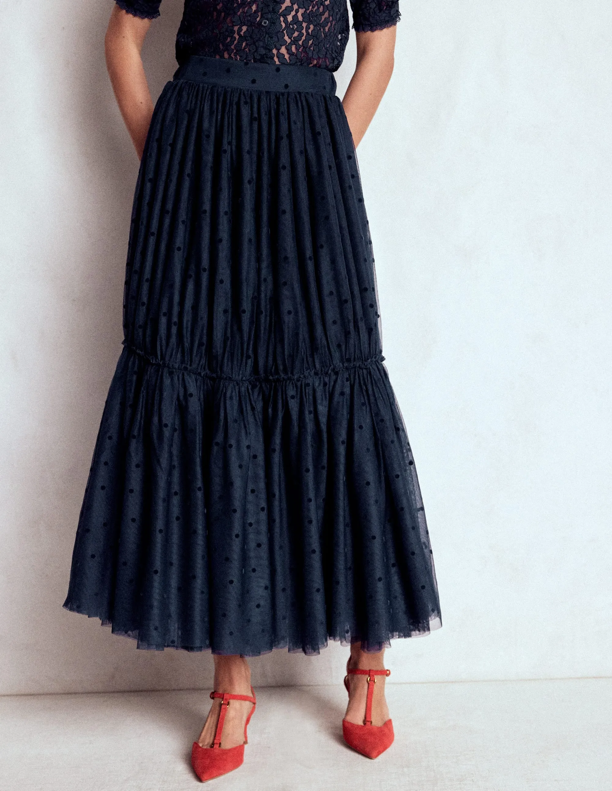 Crochet Style Basic Layers Anna Tulle Midi Skirt-Navy Flocked Spot