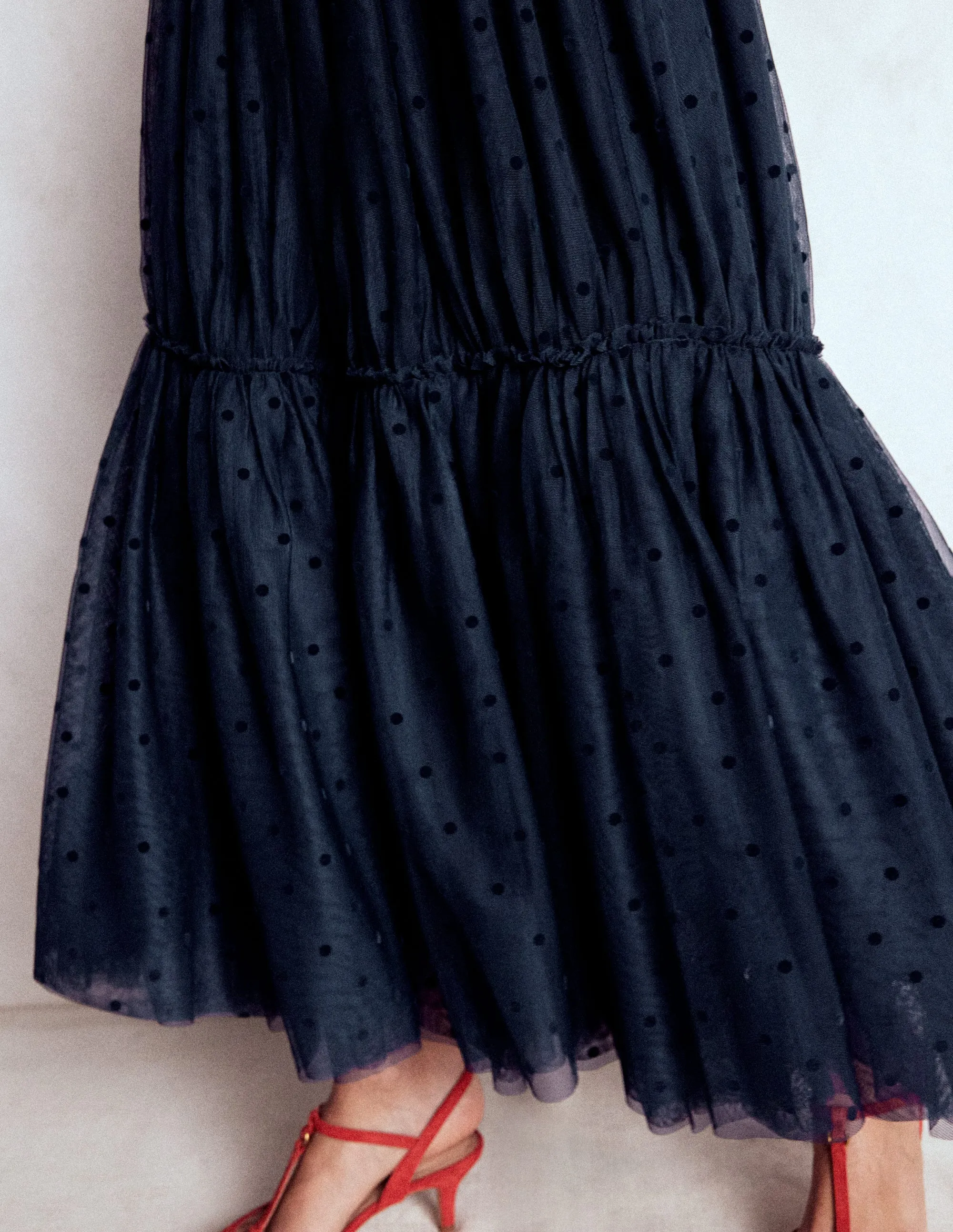 Anna Tulle Midi Skirt-Navy Flocked Spot Cozy Tones