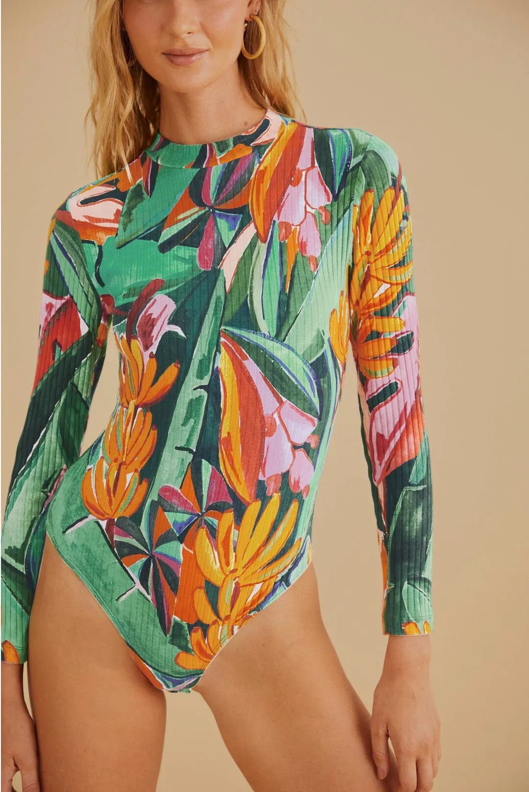 Flexible Bold Natural Modern Multicolor Banana Foliage Organic Cotton Bodysuit
